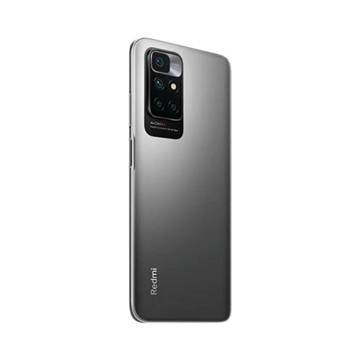 Retro di smartphone grigio con fotocamere e logo Redmi, leggermente angolato.