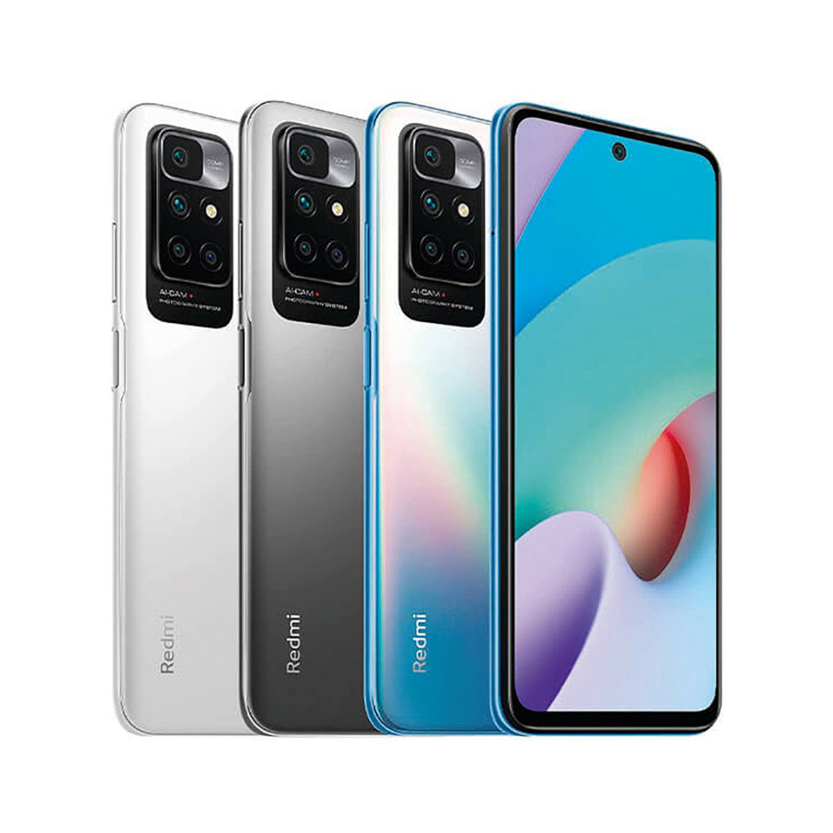 Tre smartphone, bianco, grigio, blu, con fotocamere, su sfondo bianco.