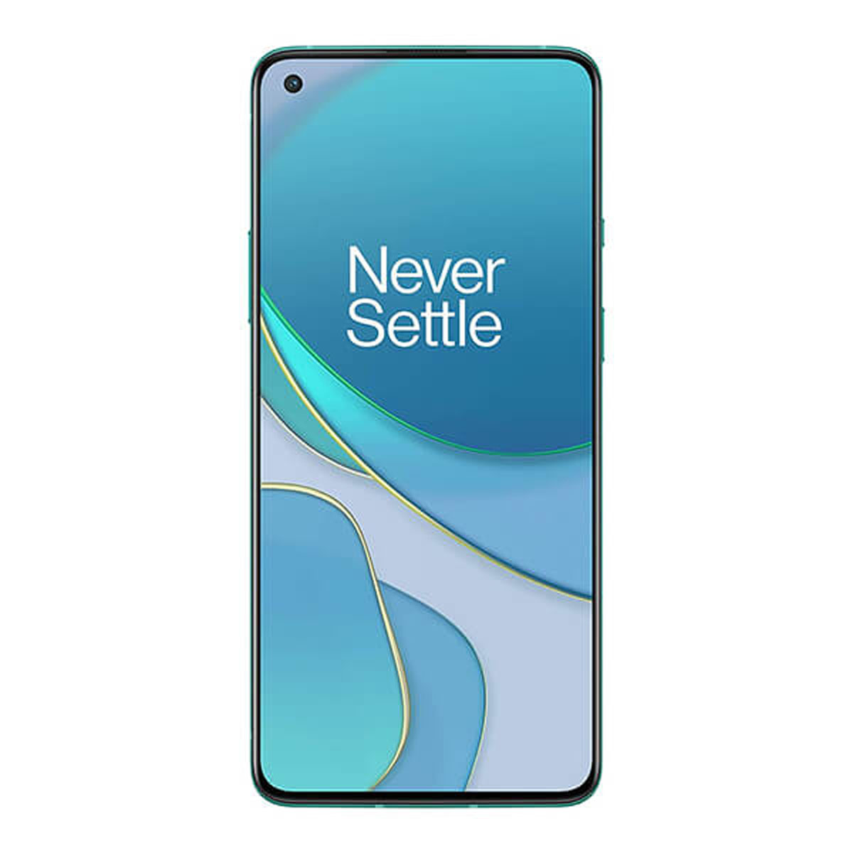 Ein türkisfarbenes Smartphone mit schwarzem Bildschirm und den Worten "Never Settle".
