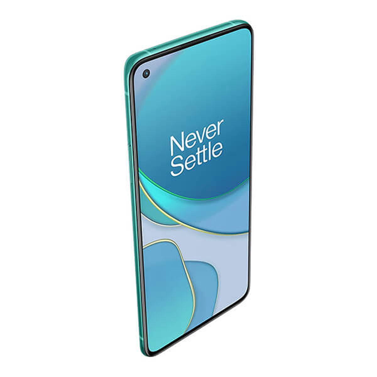 Grünes Smartphone mit 'Never Settle' auf dem Bildschirm. Weißer Hintergrund.