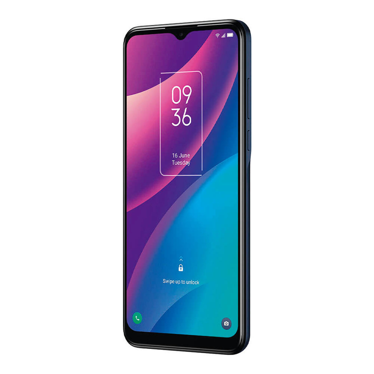 Czarny i niebieski telefon z ekranem wyświetlającym godzinę, datę i monit przesuń, aby odblokować. Telefon jest w pozycji pionowej.