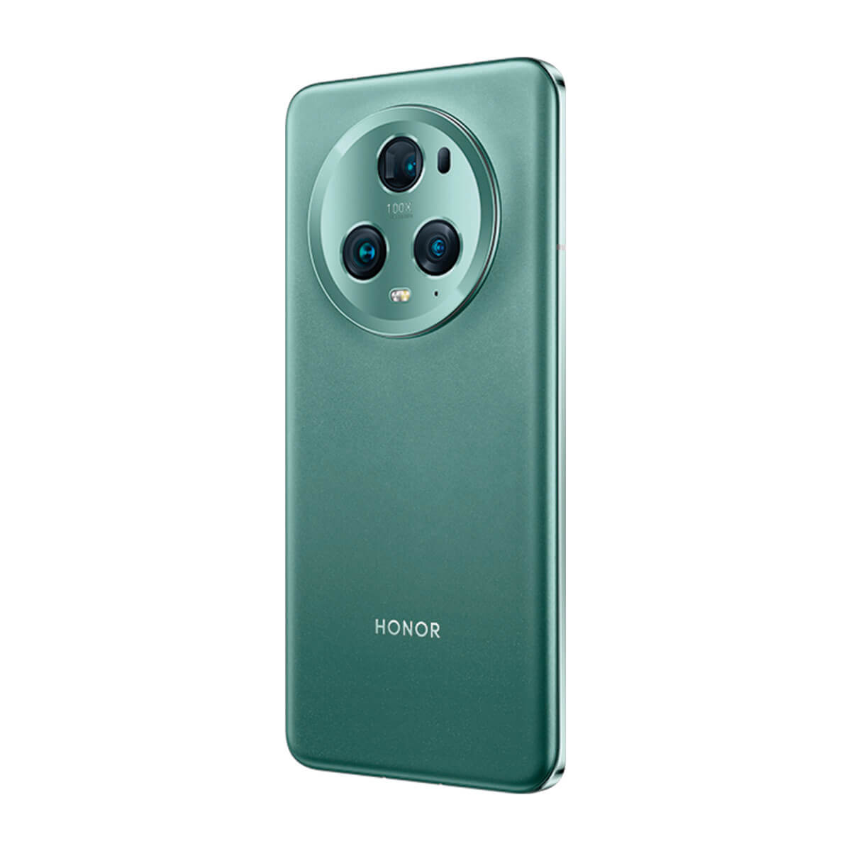 Tył zielonego telefonu z trzema aparatami i dużą okrągłą wypukłością. Na telefonie napis „HONOR”.