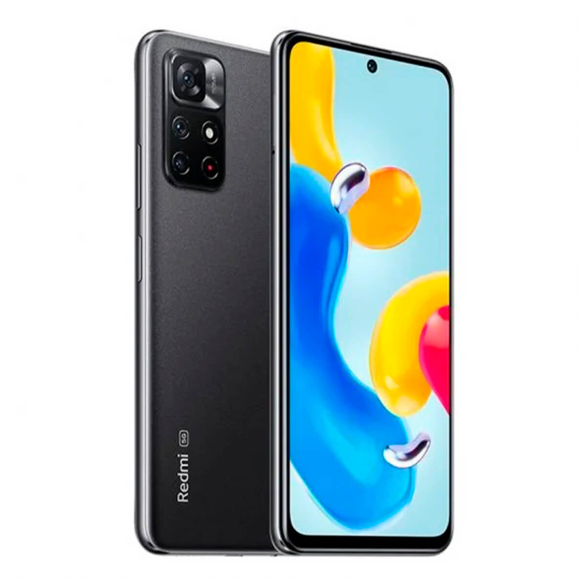 Czarno-szary telefon, pokazujący tył i wyświetlacz. Wyświetlacz pokazuje kolorowy wzór.