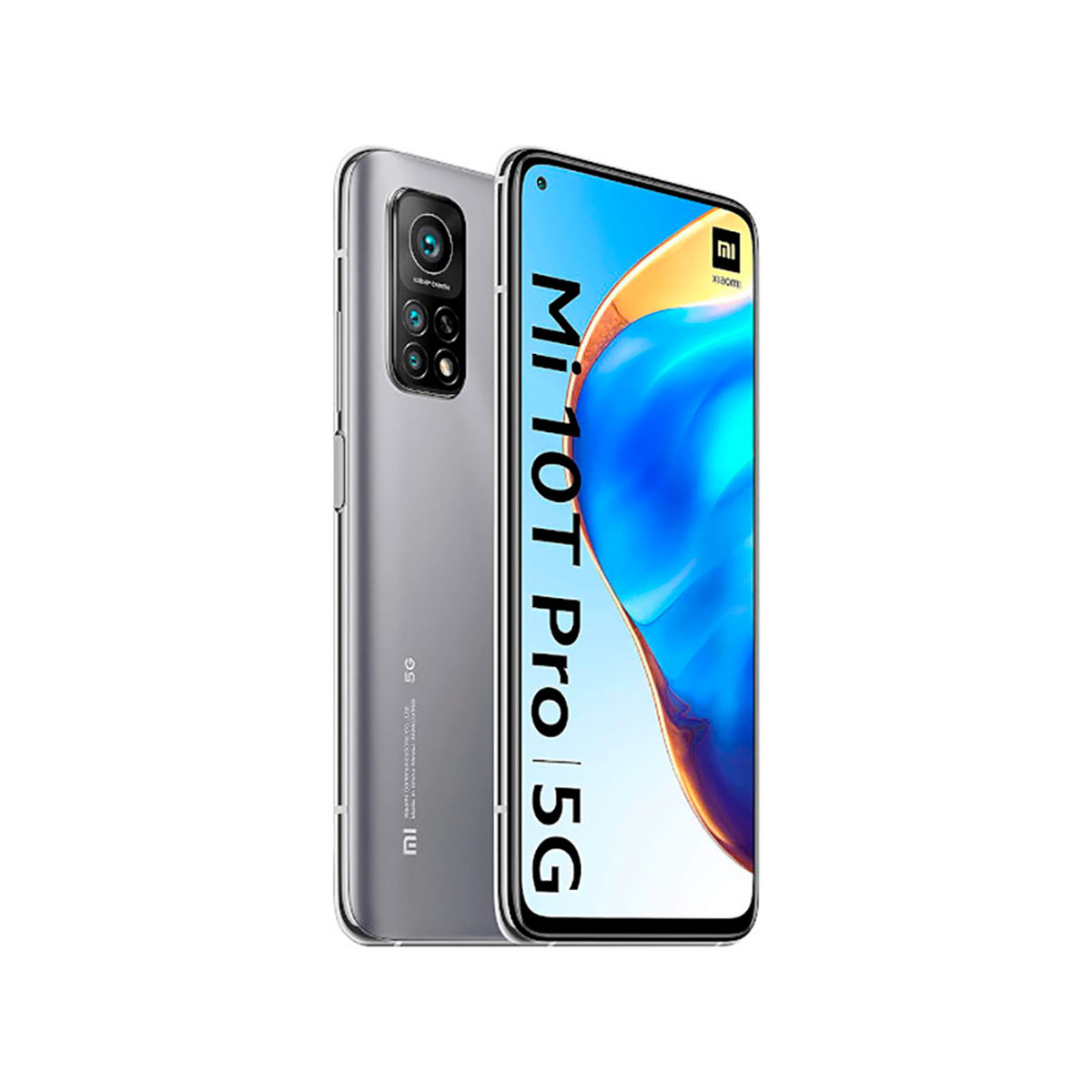 Smartfon z aparatami i 'MI 10T PRO 5G' na ekranie. Szary tył. Białe tło.
