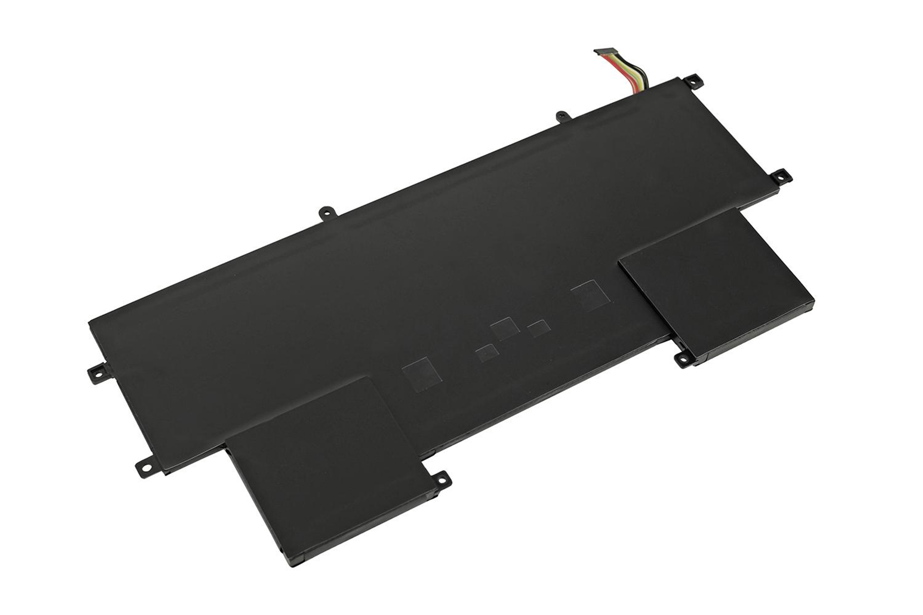 Batteria per laptop nera, con due ritagli rettangolari, su sfondo bianco.