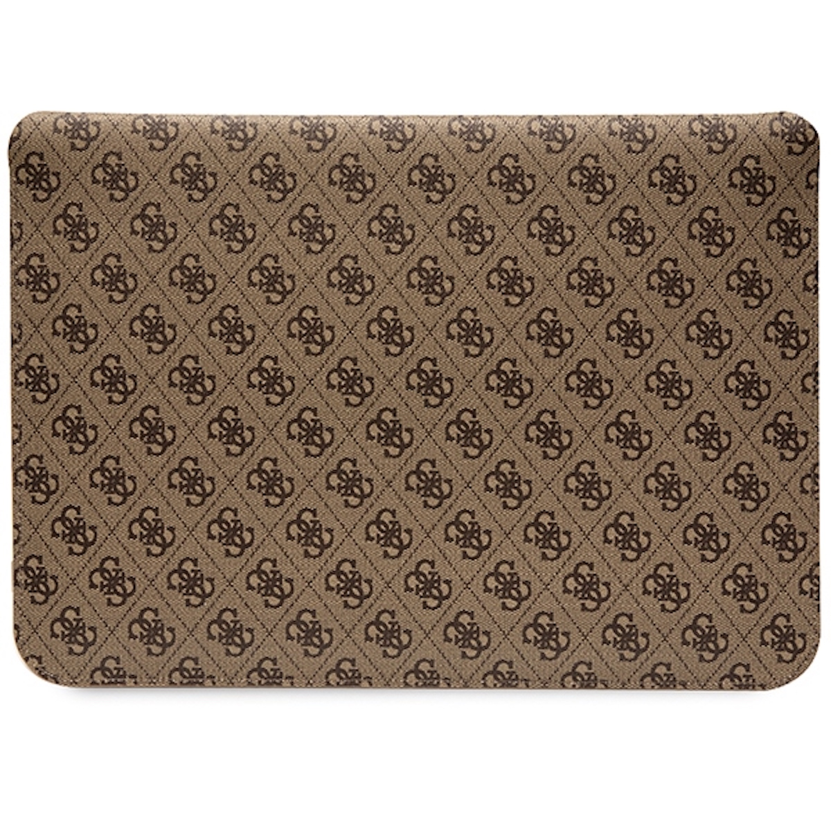 Custodia per laptop marrone a fantasia con logo ripetuto.
