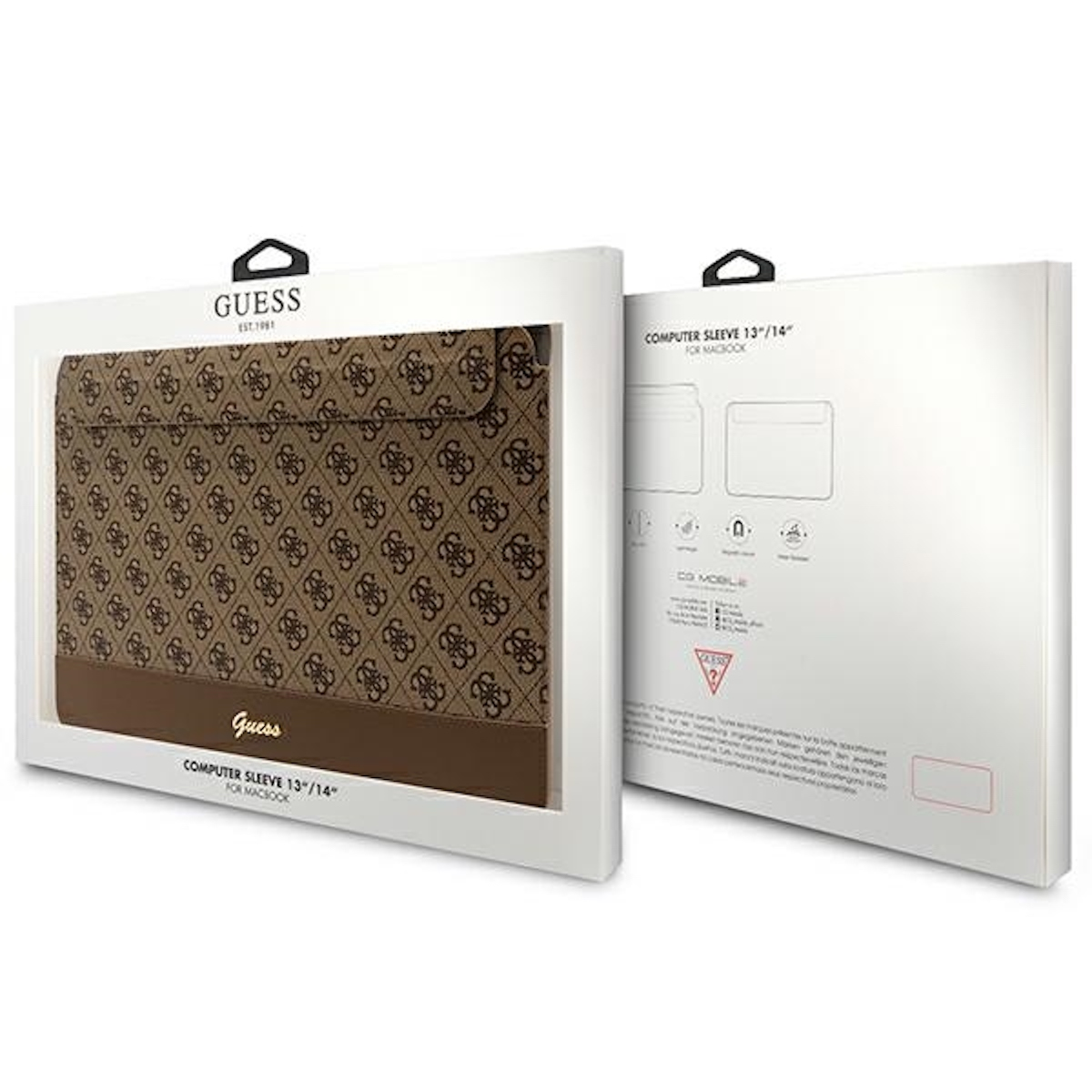 Due scatole bianche con una custodia per computer all'interno. La custodia ha un motivo marrone e il logo Guess.