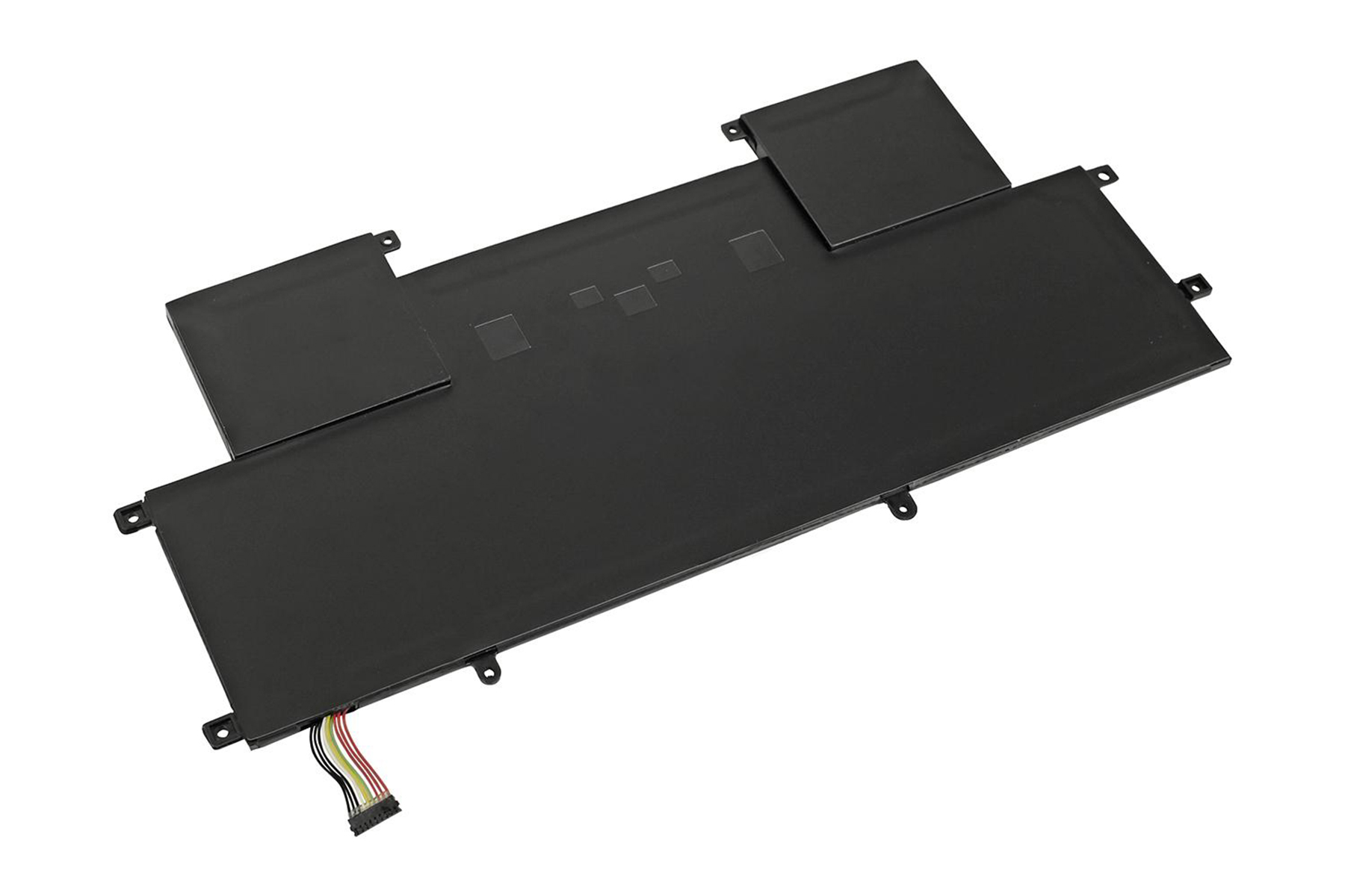 Batteria per laptop nera con diversi componenti e un cavo.