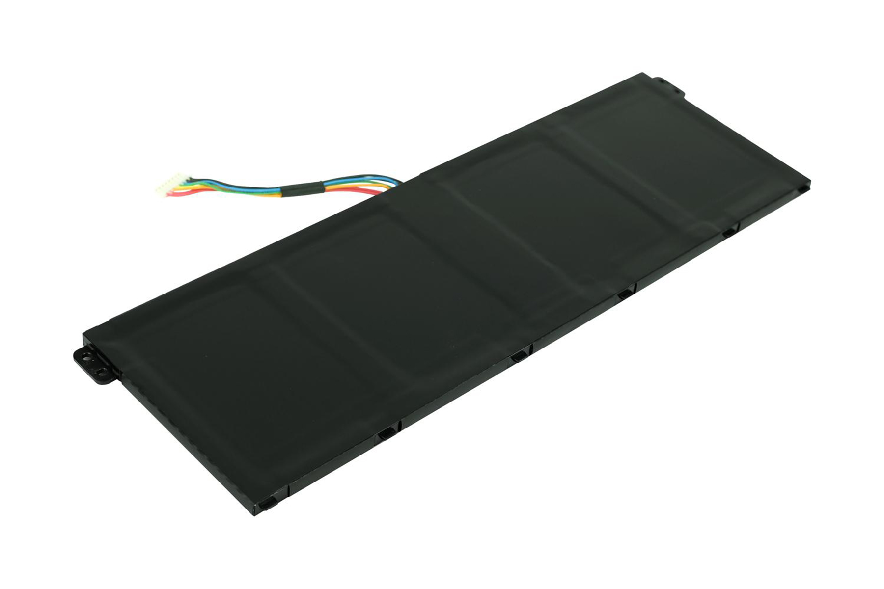Ein schwarzer rechteckiger Laptop-Akku mit einem mehrfarbigen Kabelanschluss.