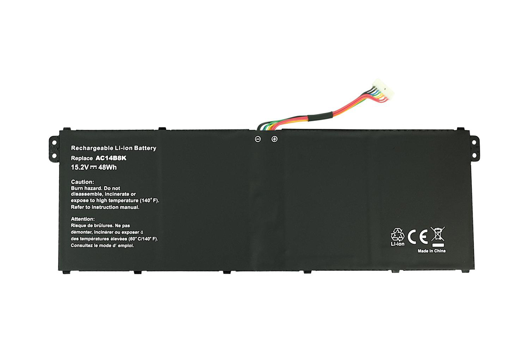 Ein schwarzer, wiederaufladbarer Li-Ionen-Akku mit Text und Etiketten.