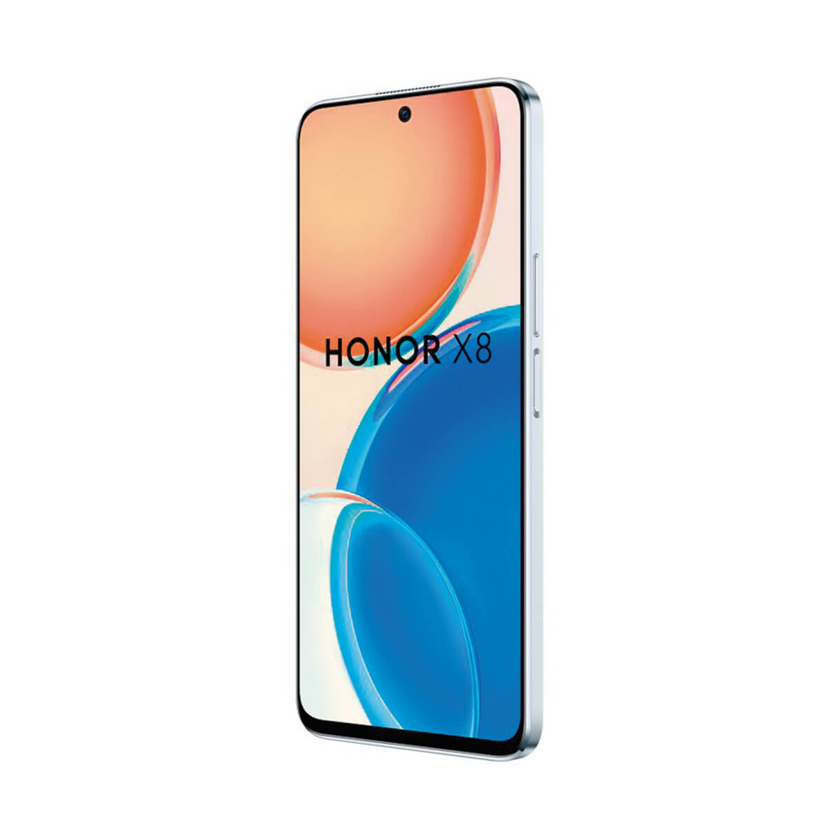 Silbernes Telefon mit Bildschirm, der orangefarbenes und blaues abstraktes Design zeigt.