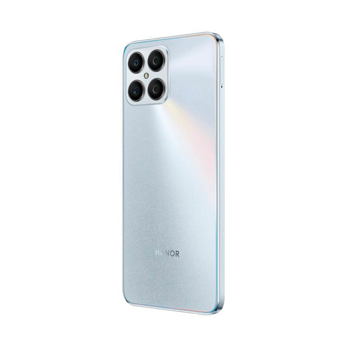 Weiße Honor-Telefonrückseite. Vier Kameras, Silberring und Honor-Logo auf weißer Oberfläche.