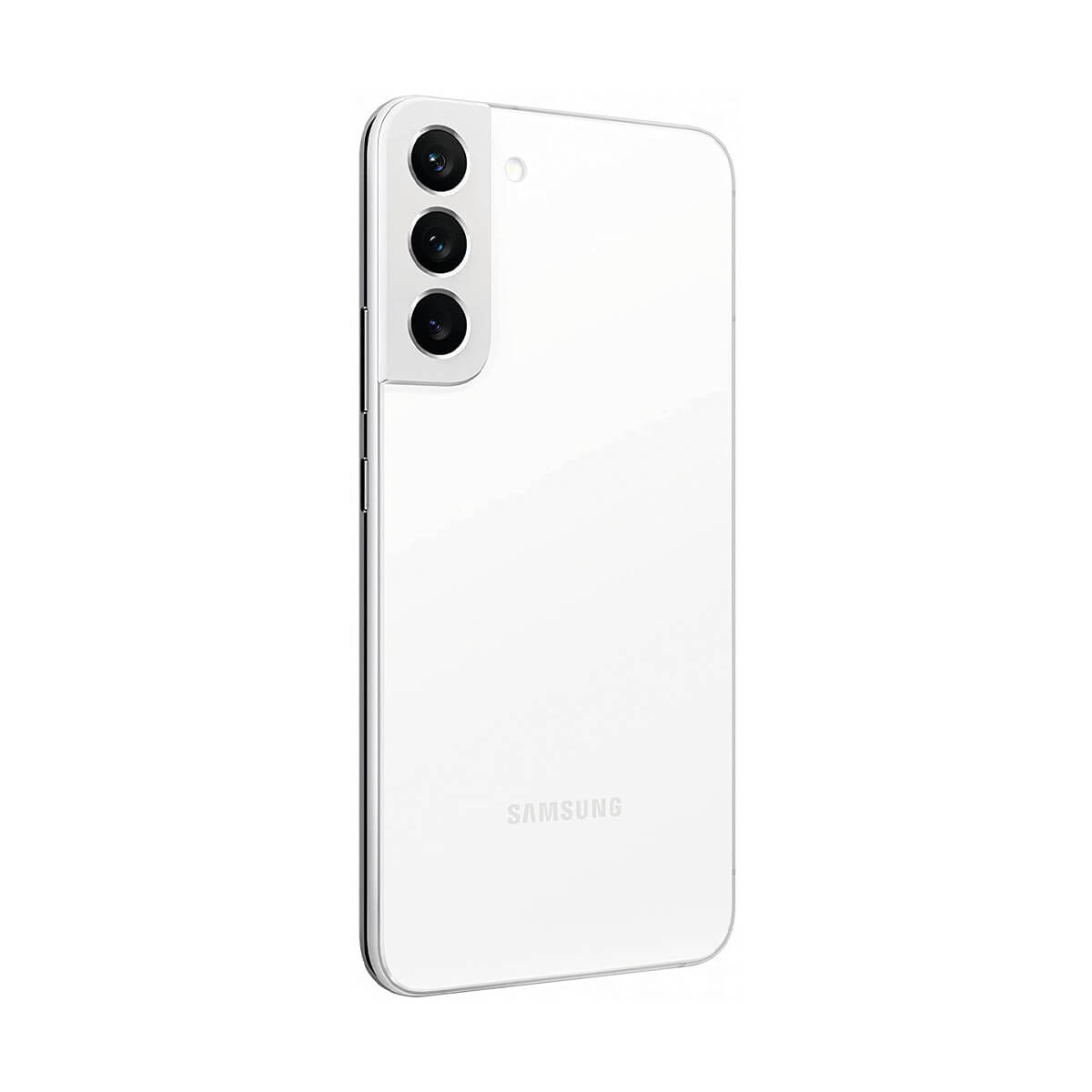 Biały telefon Samsung, widok z tyłu. Ma trzy kamery. Logo Samsung na dole. Białe tło.