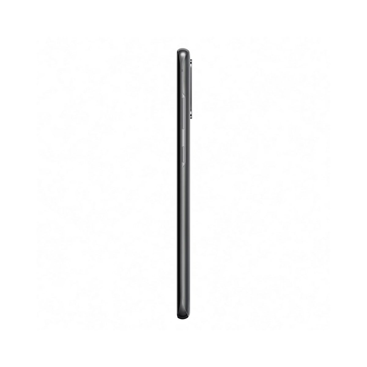 Widok z boku czarnego smartfona. Ma przyciski i wybrzuszenie aparatu. Tło jest białe.