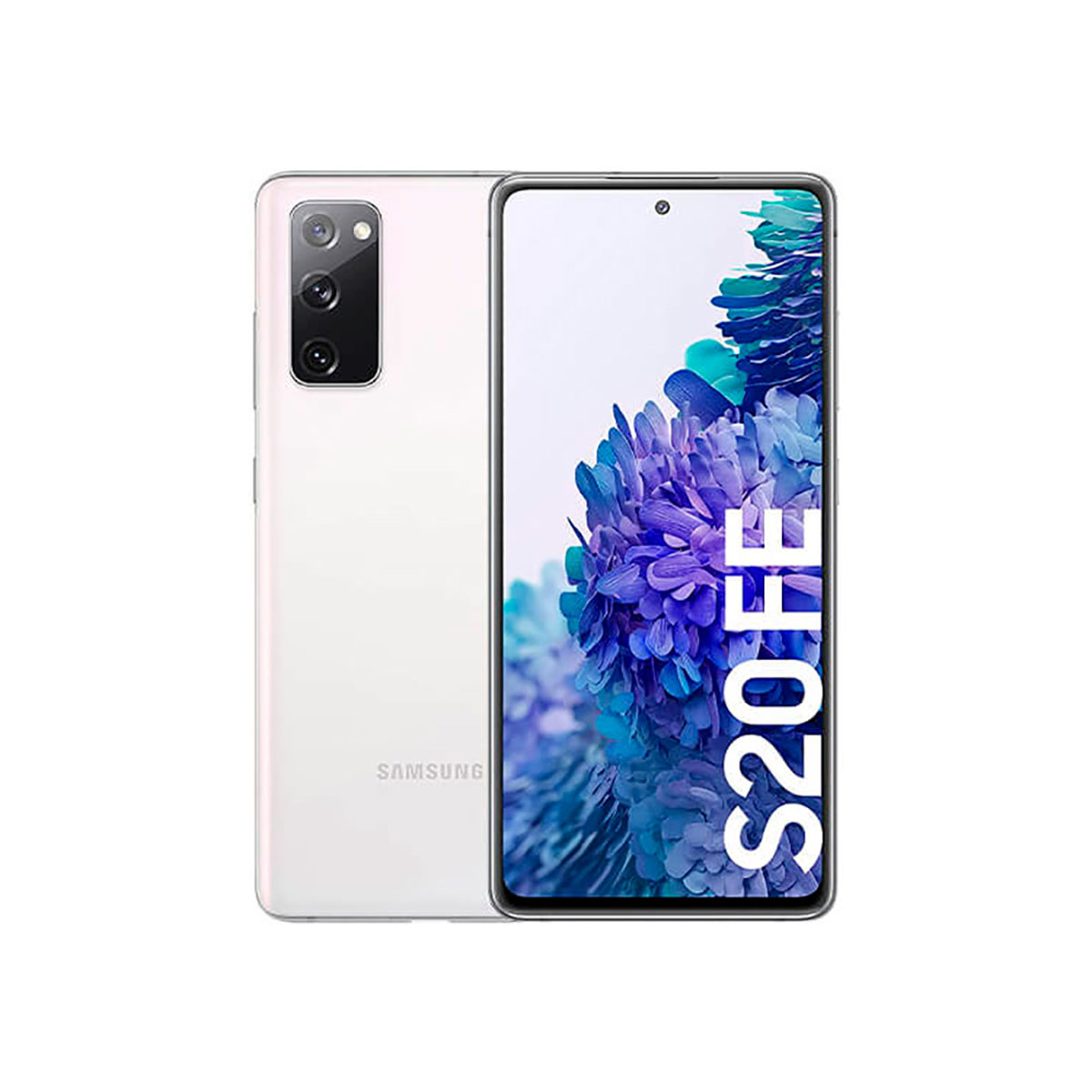 Weißes Samsung S20FE mit Bildschirm mit floralem Design.
