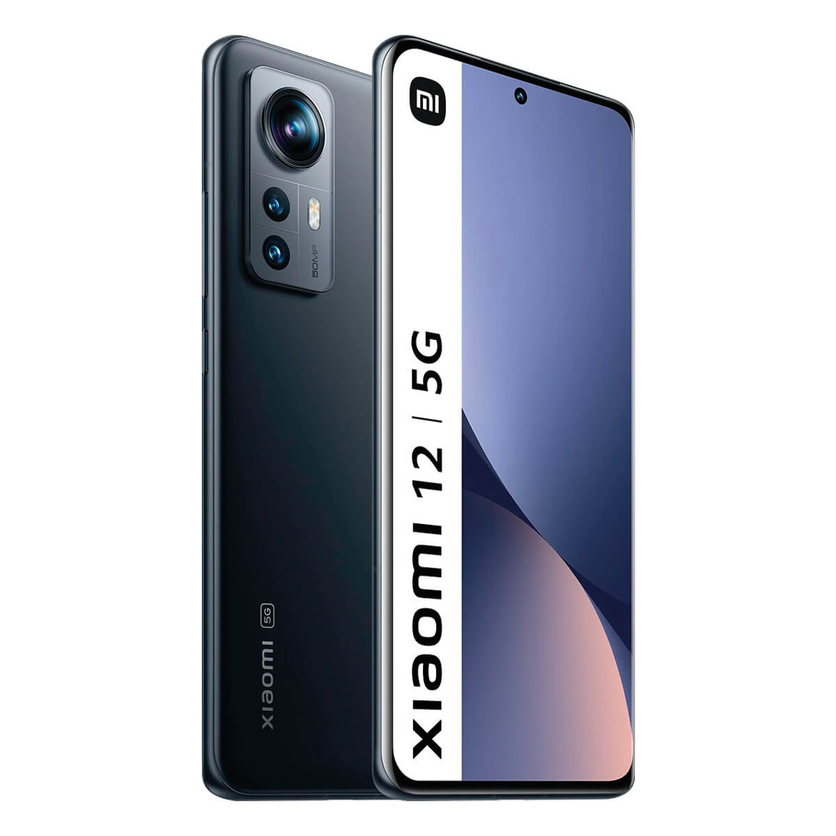 Schwarzes Xiaomi 12 5G-Handy, Rückseite und Bildschirm sichtbar, mit weißem Streifen.
