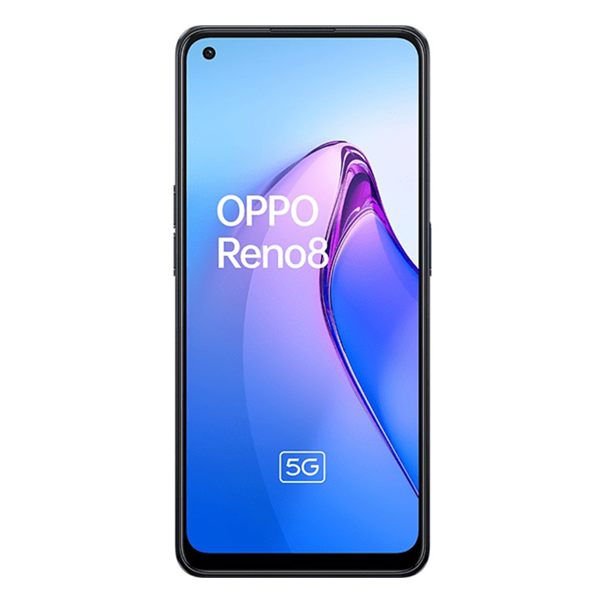 Telefon mit blauem Bildschirm und dem Text 'OPPO Reno8' und einem 5G-Logo.
