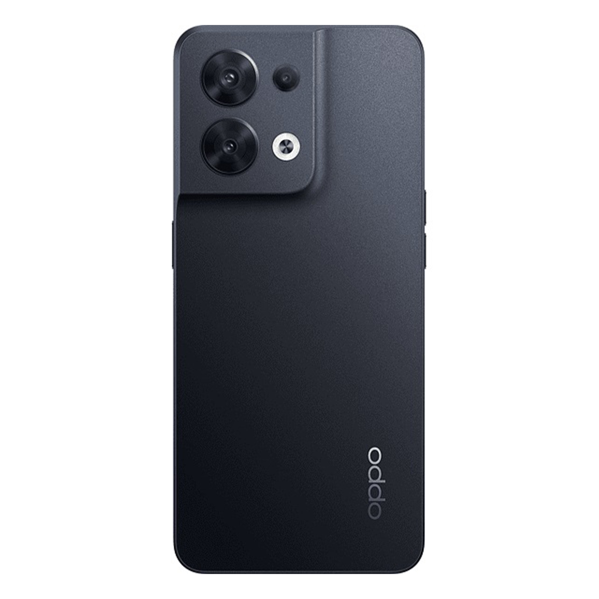 Schwarzes Smartphone, Rückansicht, mit Kamera und Logo.