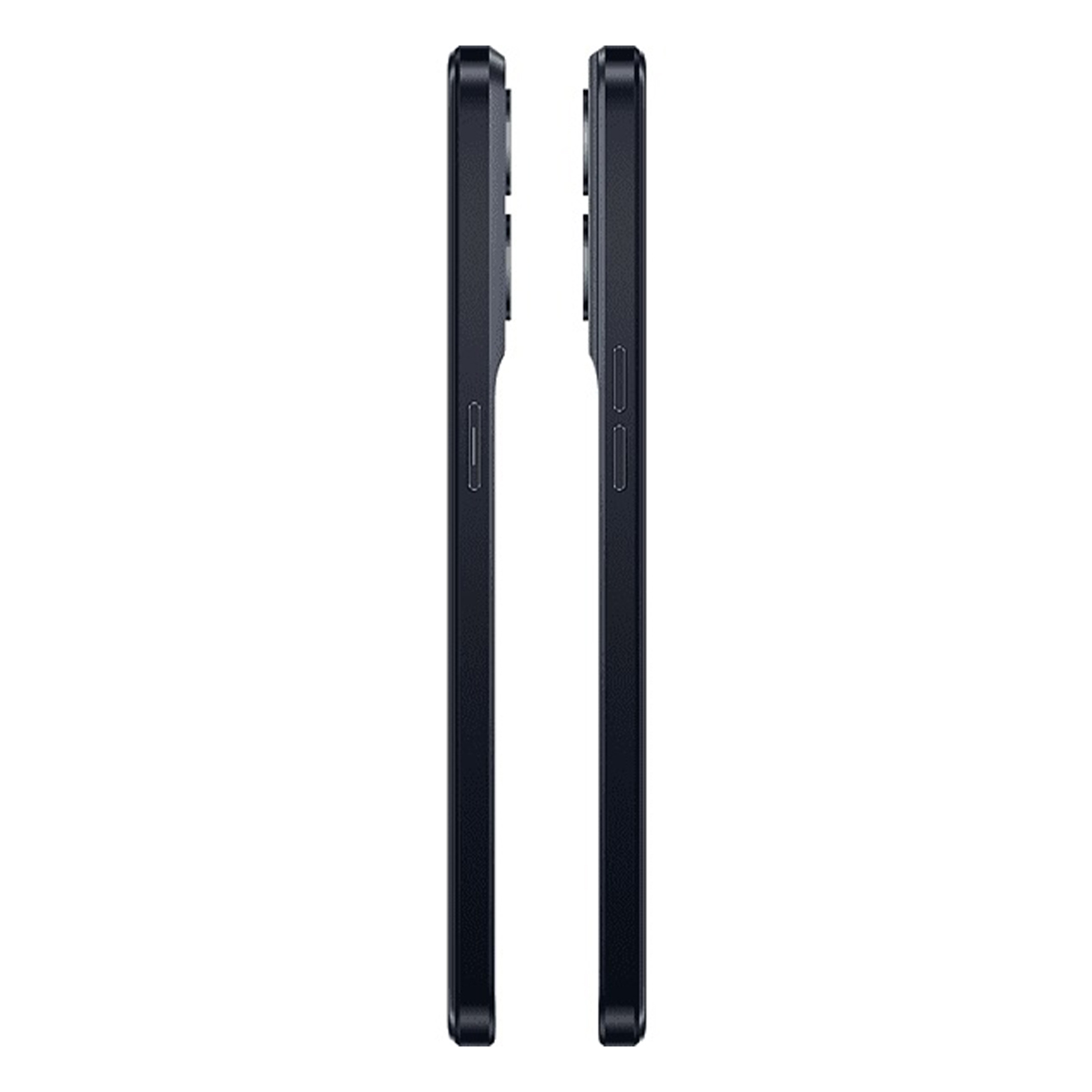 Zwei schwarze Smartphones, Seitenansicht. Knöpfe und Kamerahügel sind sichtbar.