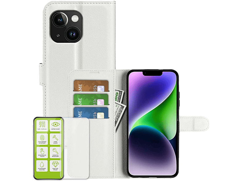 H9 WIGENTO Apple, Produktset Hart Plus, Book + iPhone 15 Backcover, Wallet Folie, Weiß Tasche Glas