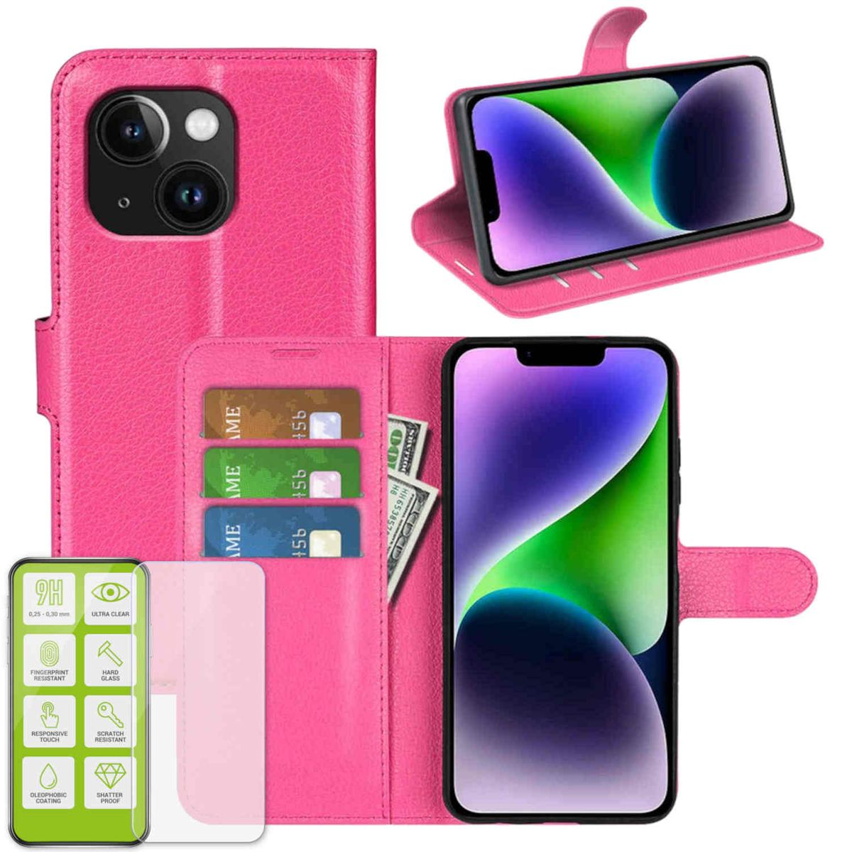 WIGENTO Produktset Book Wallet iPhone Pink 15, Glas Apple, H9 + Tasche Backcover, Hart Folie