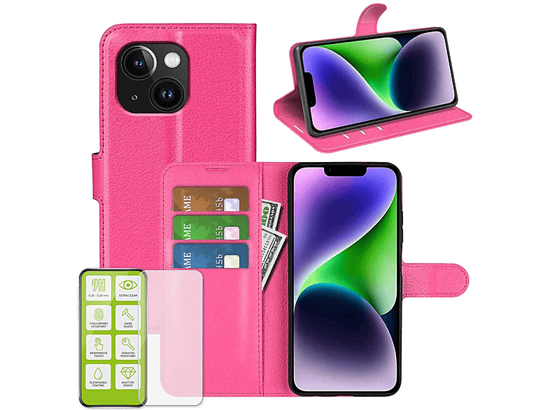 Produktset + H9 Folie, Apple, Backcover, 15, Glas Hart WIGENTO Tasche Book iPhone Wallet Pink