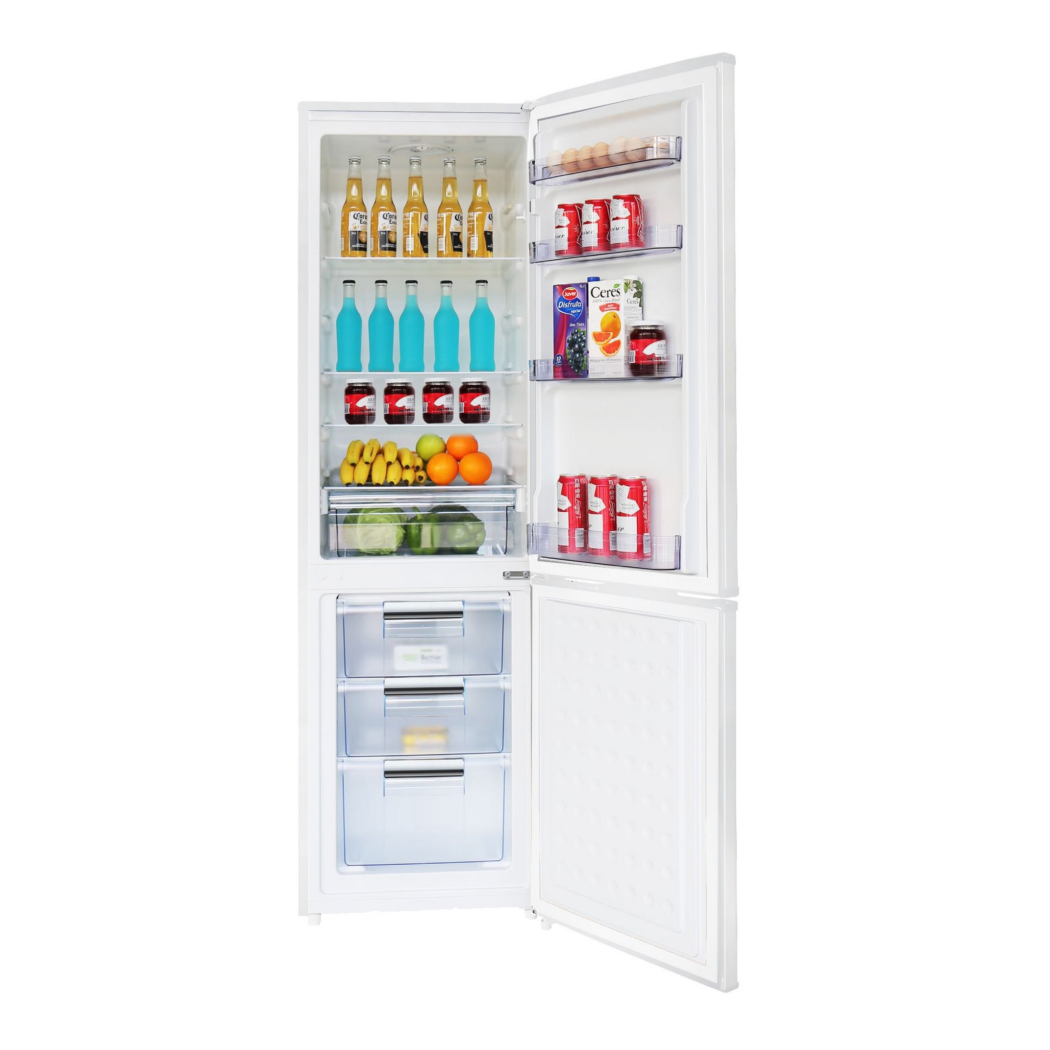 Refrigerador con la puerta abierta, con comida adentro. Mayormente color blanco. El congelador está abajo.