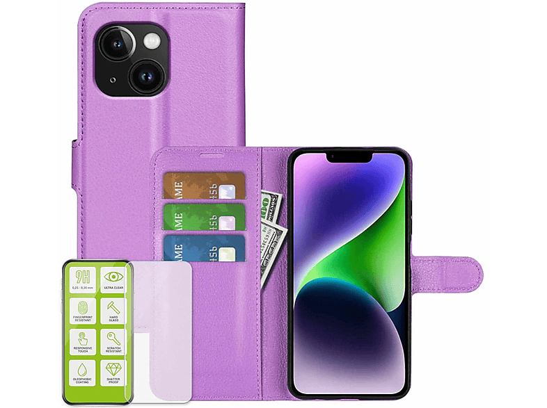 15, Produktset iPhone Tasche Book H9 + Folie, WIGENTO Lila Glas Backcover, Apple, Wallet Hart