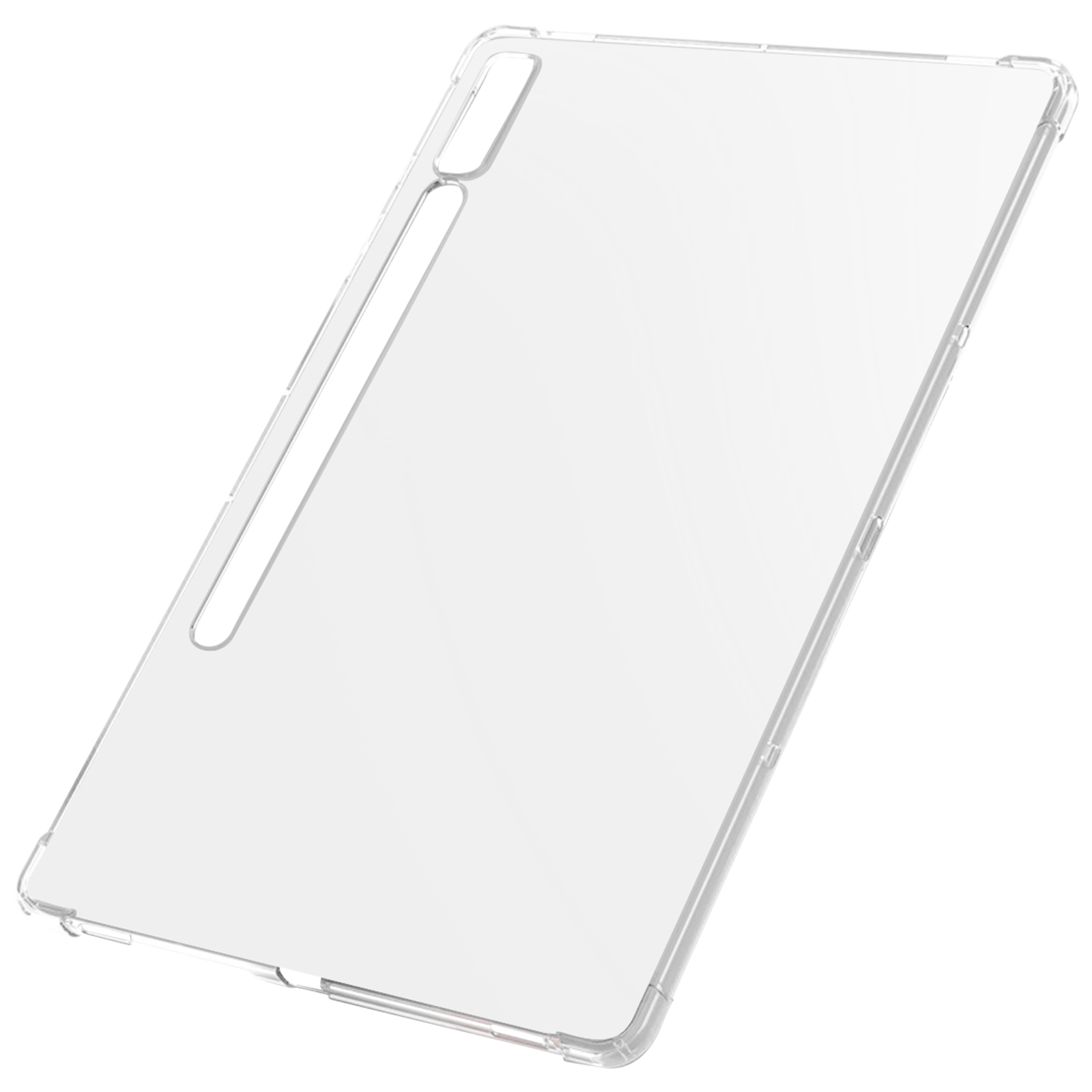 Eine transparente Schutzhülle für ein Tablet, die die Rückseite des Geräts mit Aussparungen zeigt.