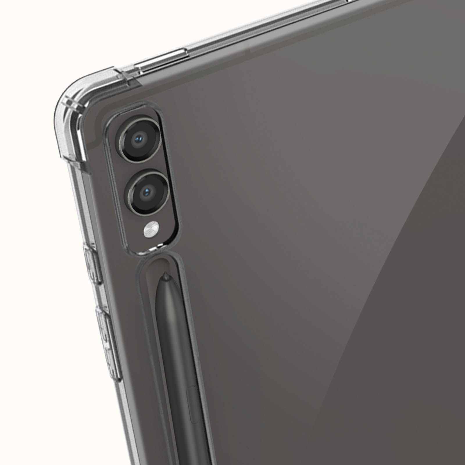 Nahaufnahme eines Tablets mit klarer Hülle. Rückseite mit zwei Kameralinsen und Stift.