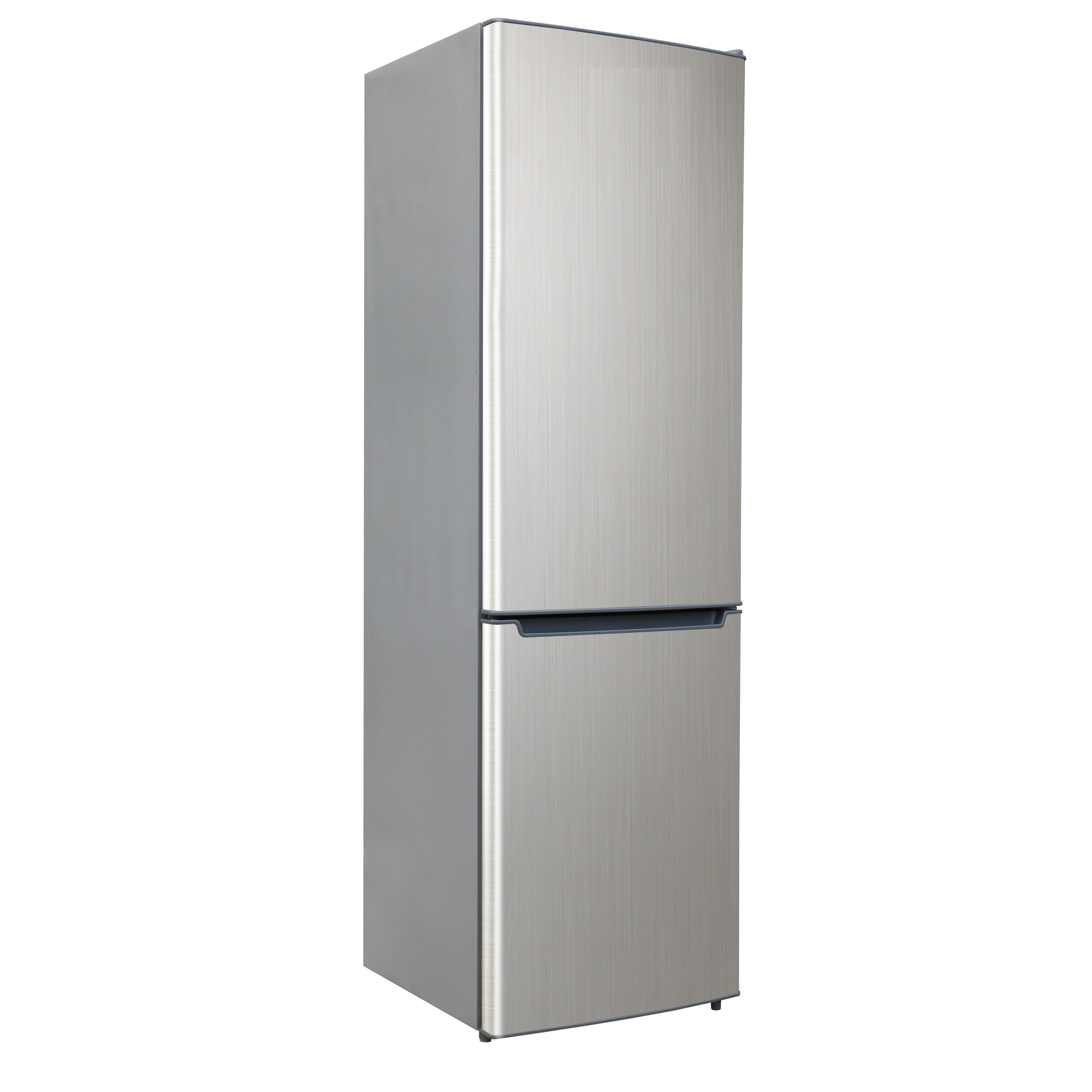 Refrigerador plateado con dos puertas. Lados grises. Fondo blanco.