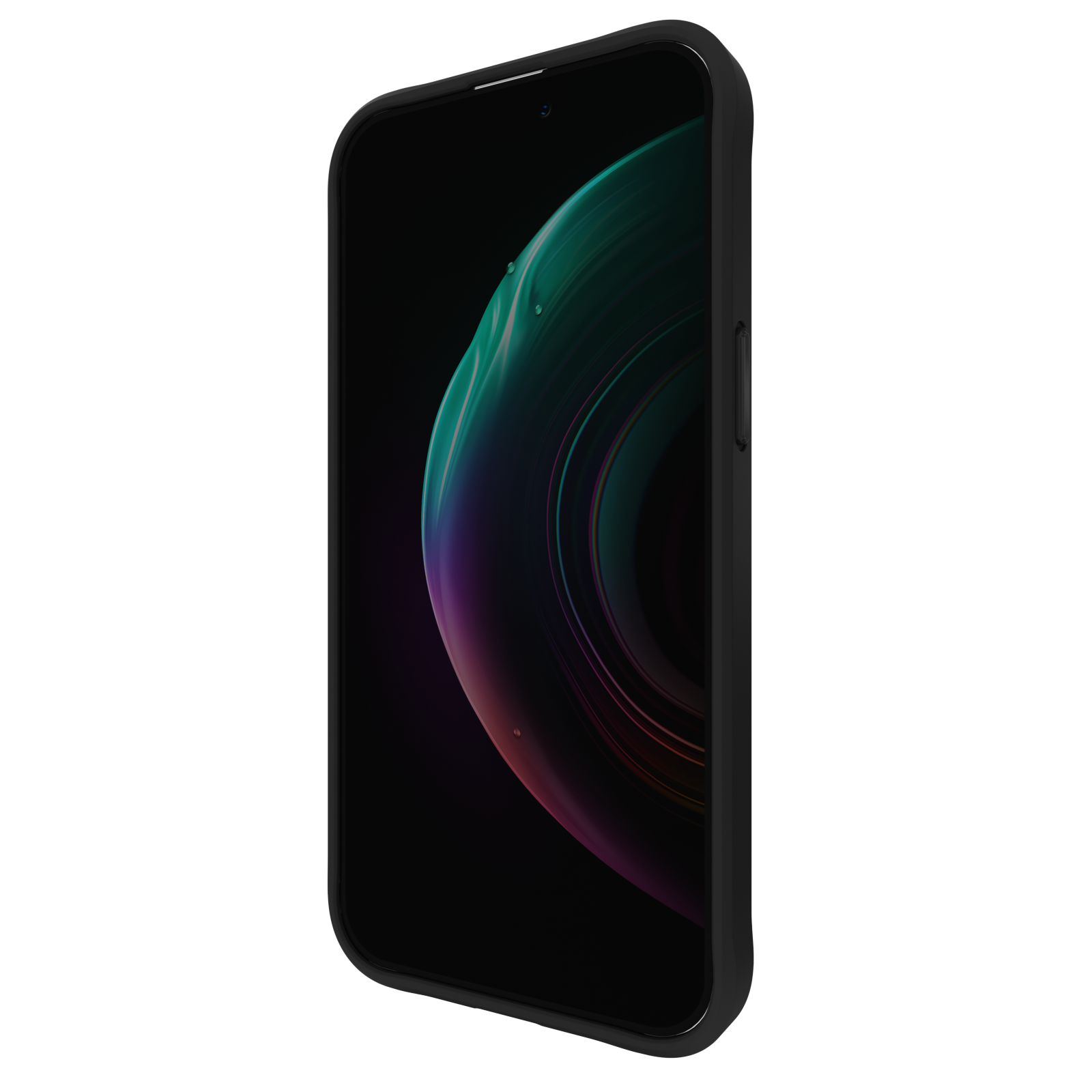 Schwarzes Telefon mit einem dunklen, wirbelnden, grünen und lila Muster auf dem Display.