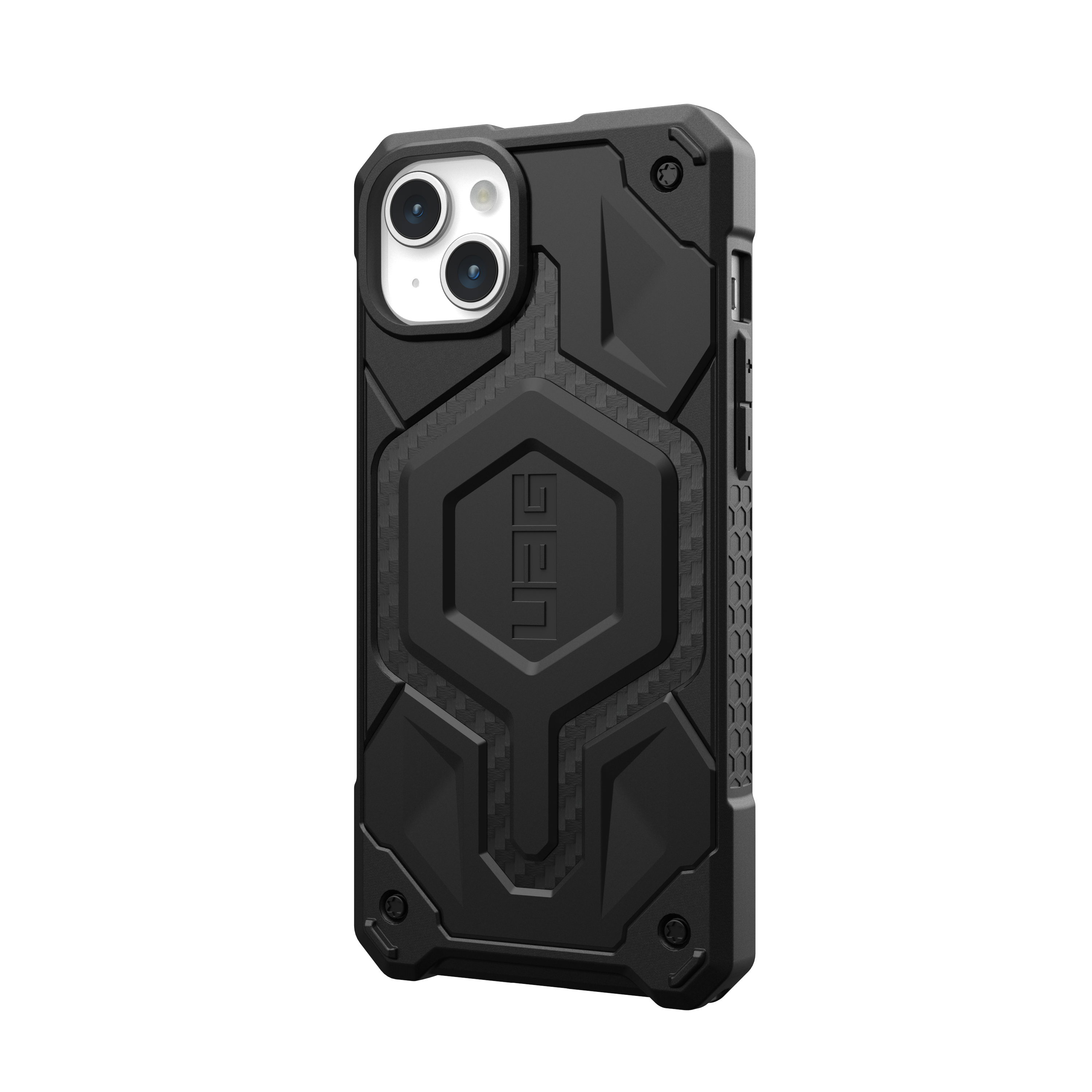 Schwarze Schutzhülle mit UAG-Logo und strukturiertem Design auf schwarzem Hintergrund.