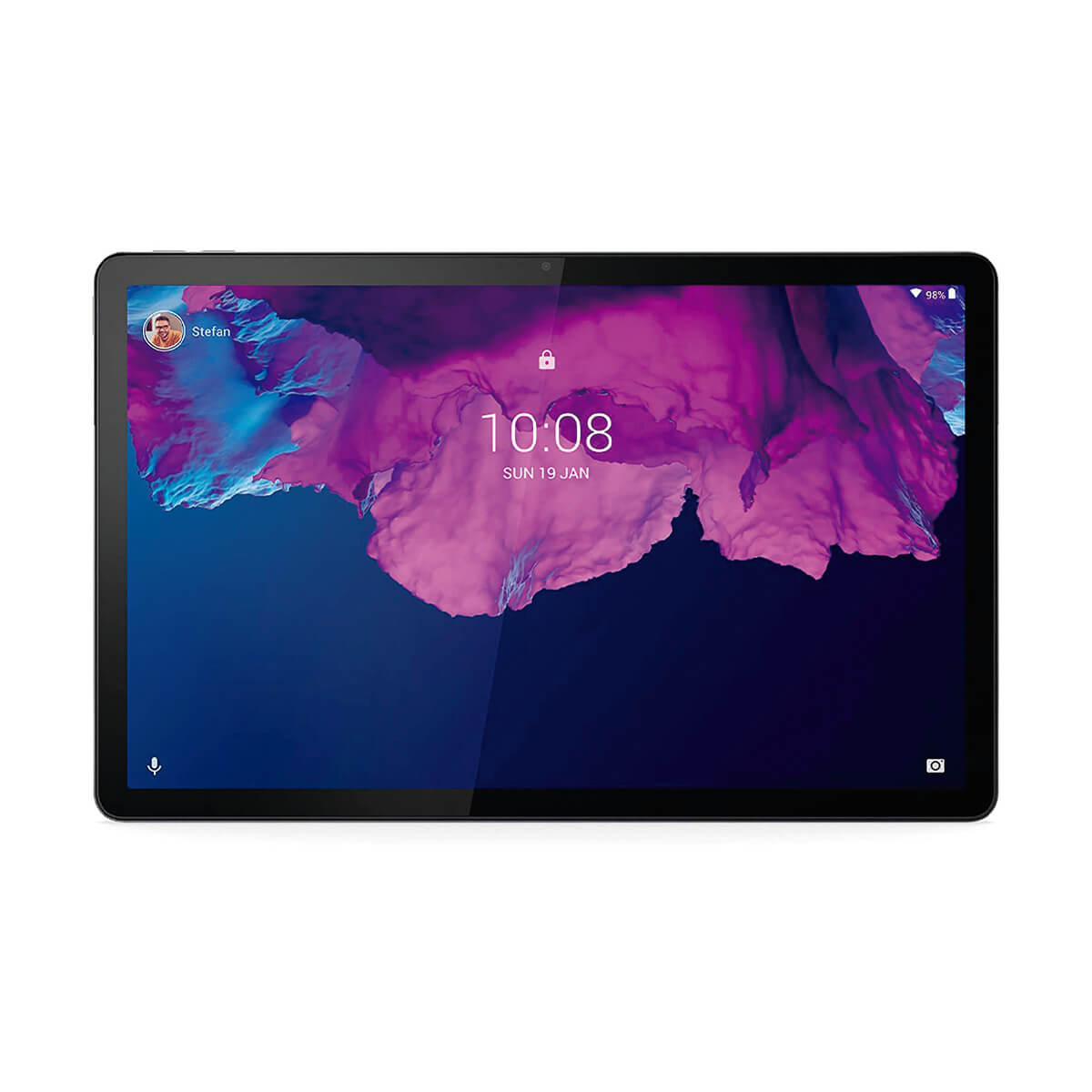 Tablet z czarną ramką, wyświetlający fioletowo-niebieskie tło i zegar.