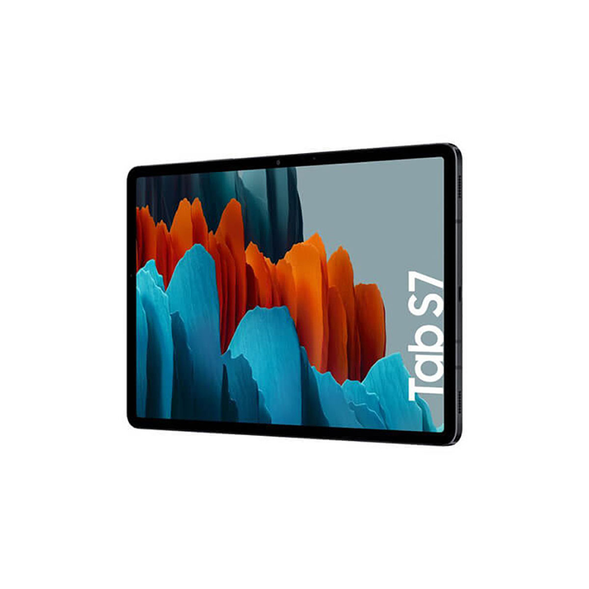 Tablet pokazujący kolorowy abstrakcyjny krajobraz z tekstem 'Tab S7'.