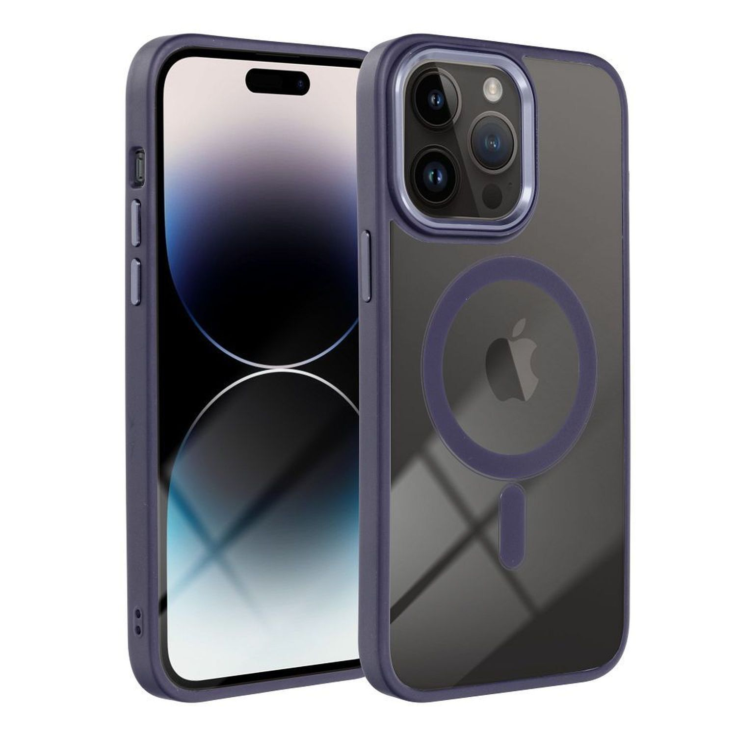 iPhone in einer transparenten Hülle mit blauem Rand und Magnetring, mit Apple-Logo.