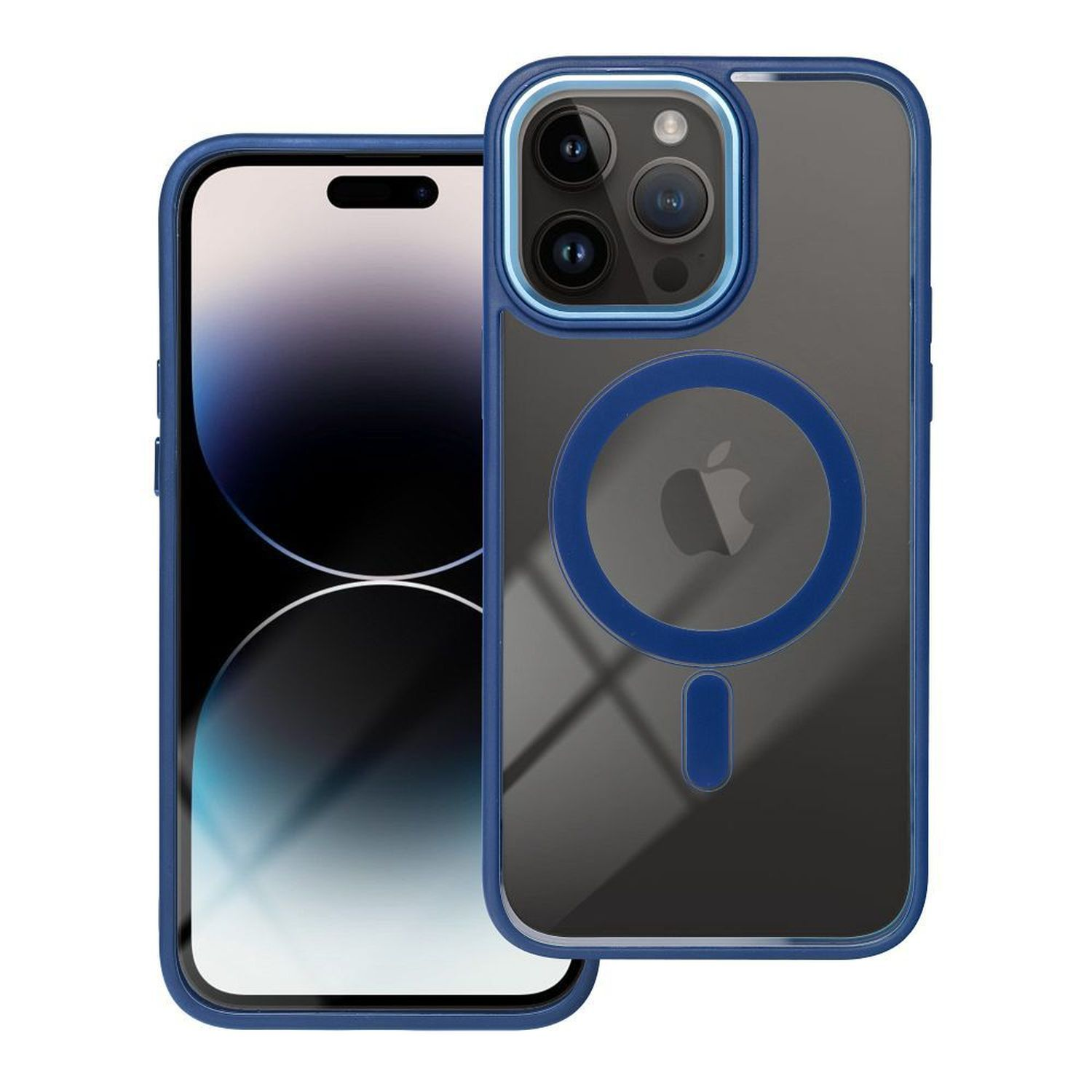 Blau umrandete Handyhülle auf einem Telefon mit Kameraringen.