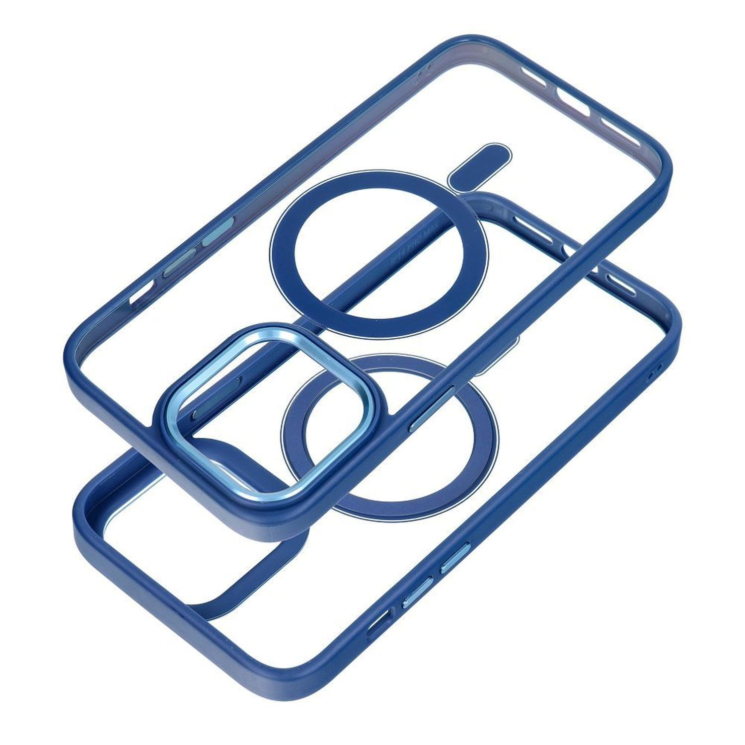Zwei blaue Handyhüllen, eine über der anderen, mit einem kreisförmigen Design.