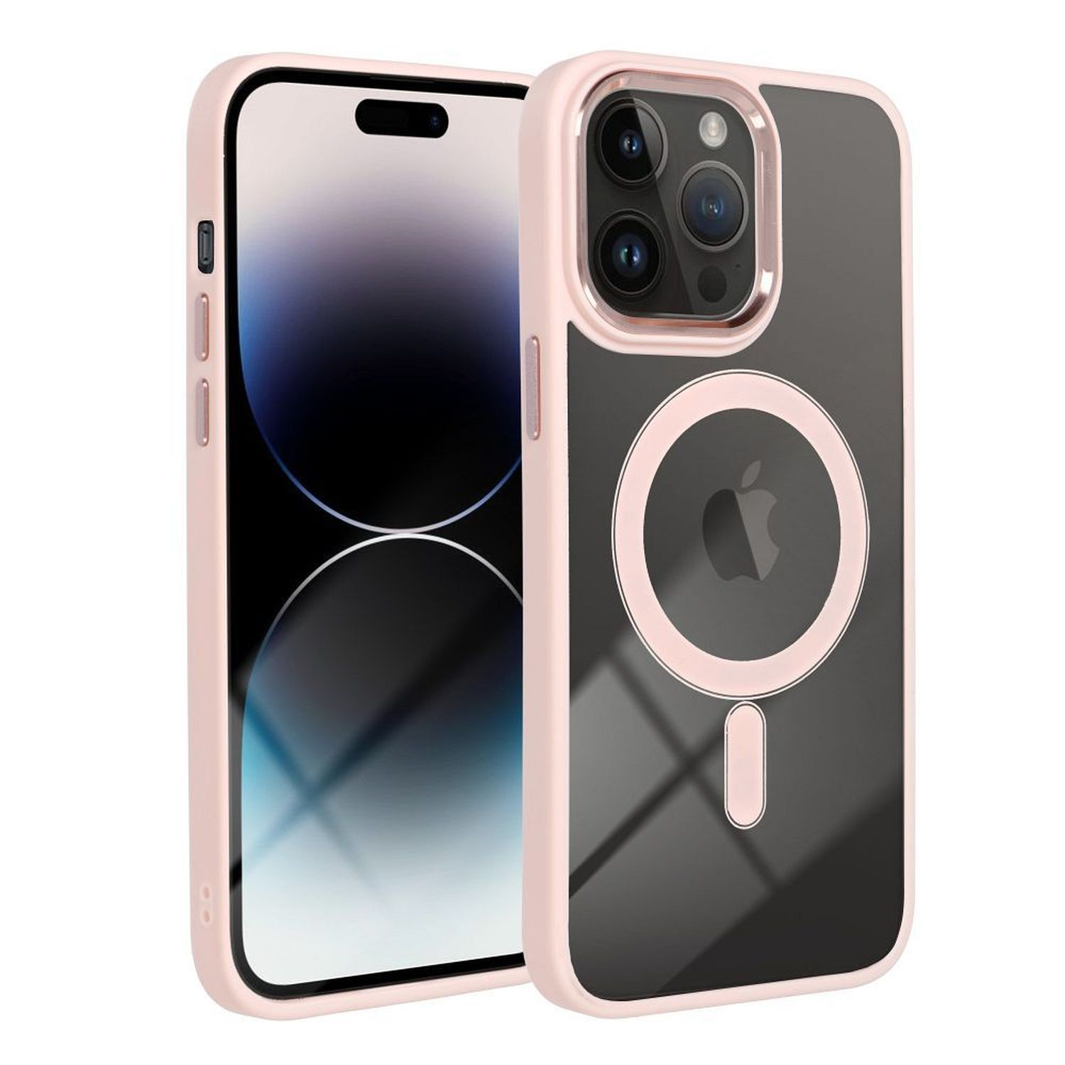 Rosa iPhone-Hülle mit durchsichtigem Rücken. iPhone links. Magnetischer Kreis auf der Rückseite der Hülle.