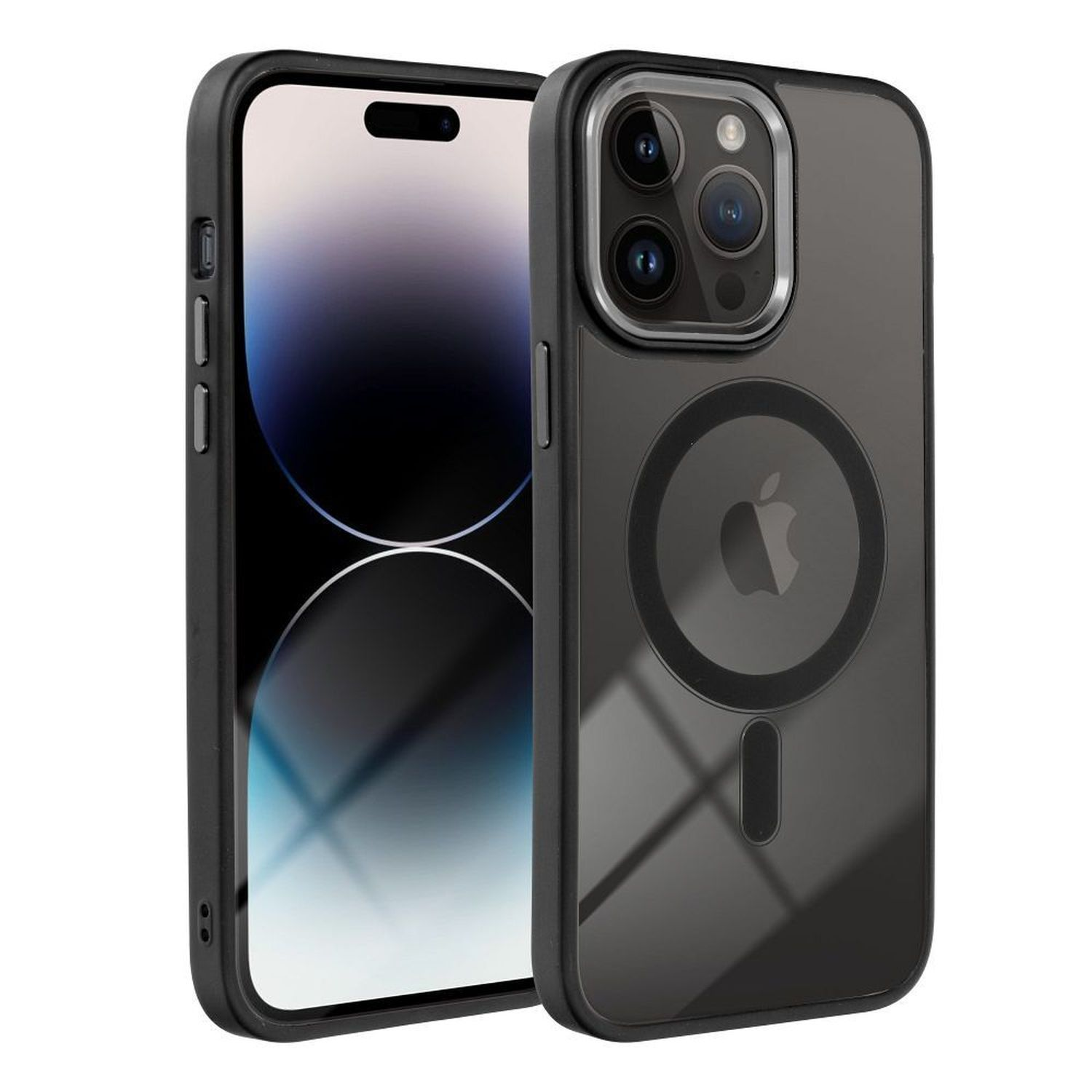 Ein Telefon in einer transparenten Hülle mit schwarzem Rahmen und Kreis.