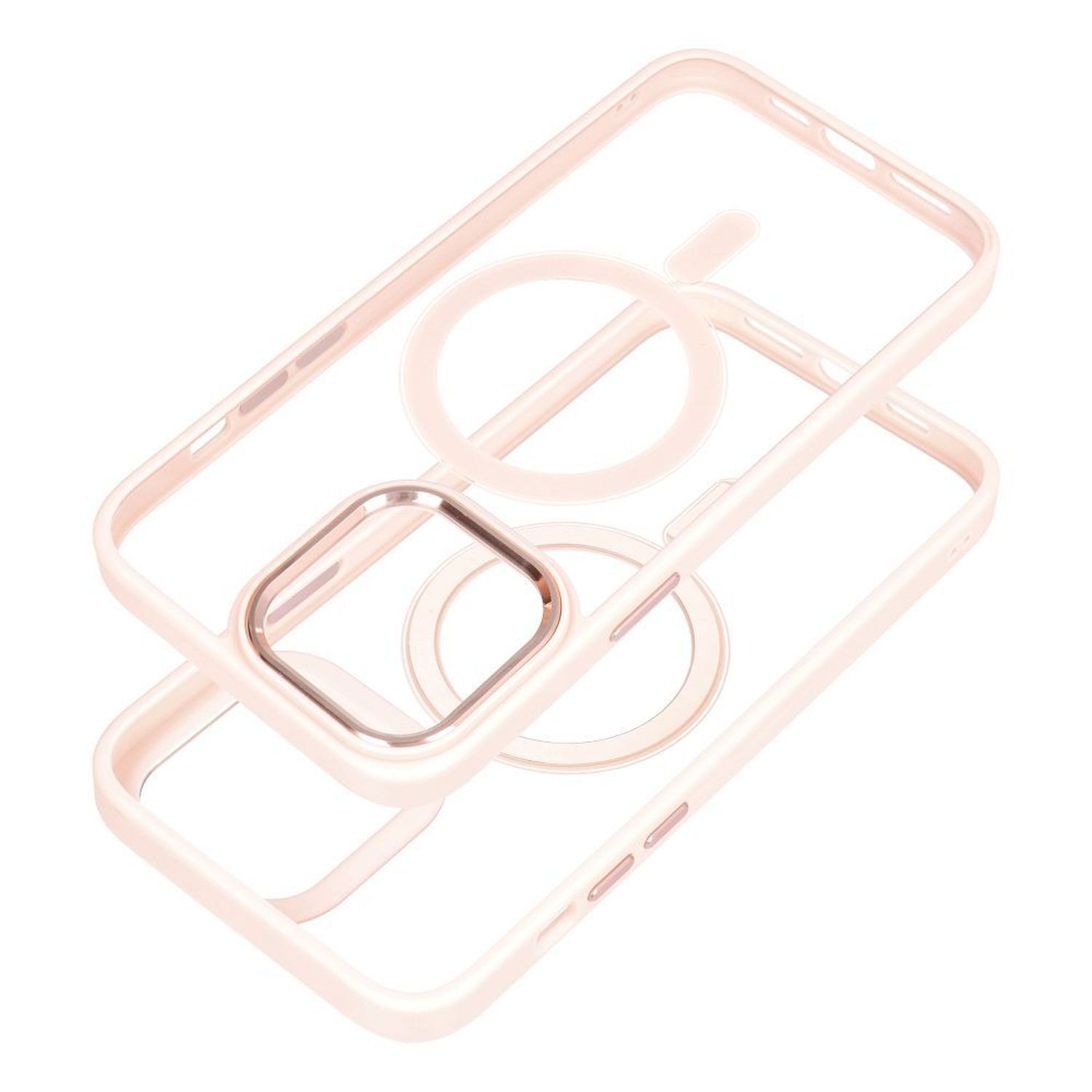 Zwei rosa Handyhüllen: eine transparent, die andere mit Metallring und Magnetkreis.
