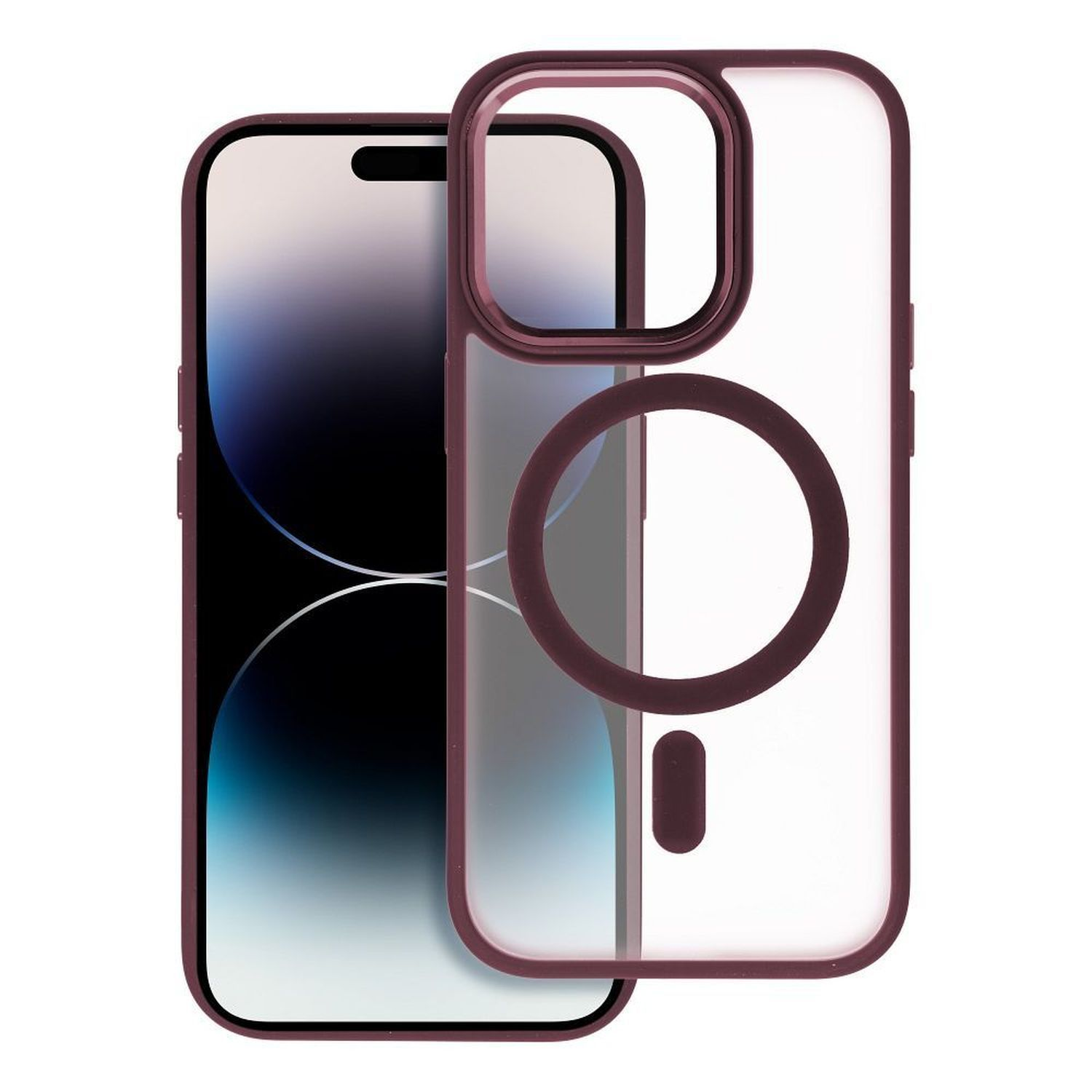 Un iPhone e una custodia bordeaux. La custodia ha un retro trasparente e una cornice bordeaux.