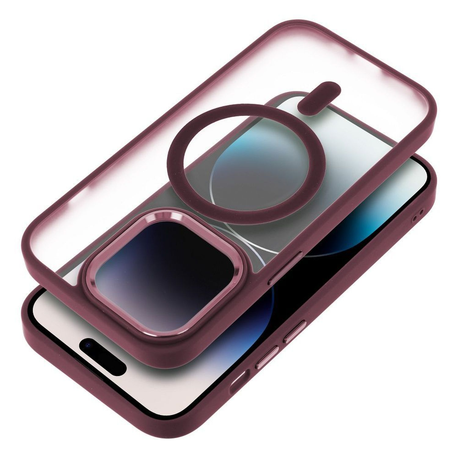 Una custodia per telefono con retro trasparente e cornice bordeaux, che mostra la fotocamera del telefono e un anello.