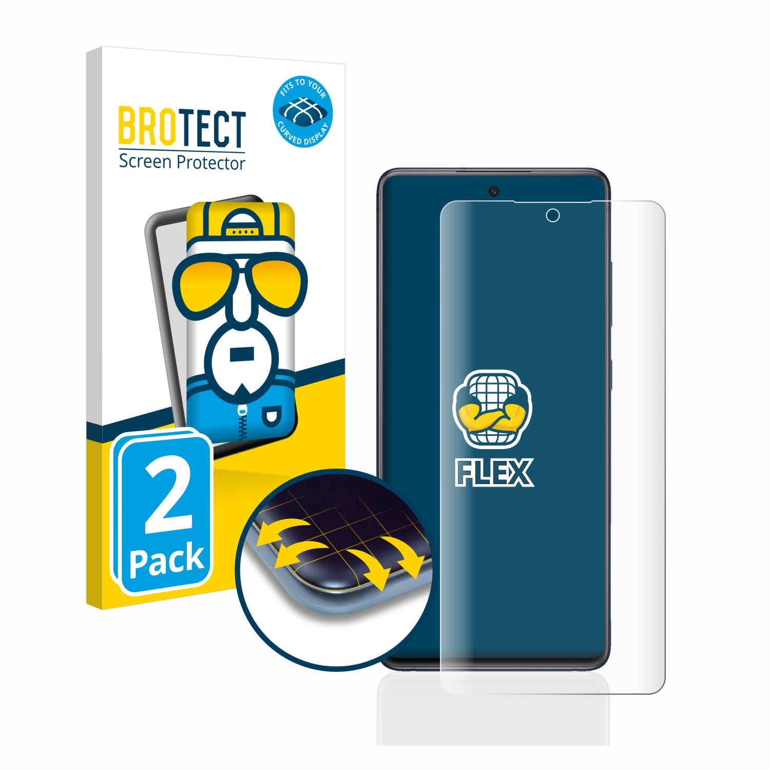 Ein Telefon mit Displayschutz und Verpackung. Der Schutz ist gebogen.