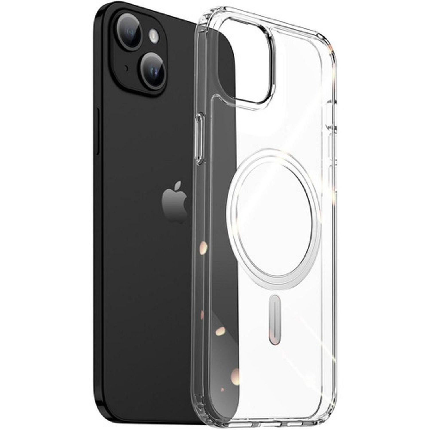 iPhone in einer transparenten Hülle. Das Telefon ist schwarz. Ein Ring ist auf der Rückseite sichtbar.