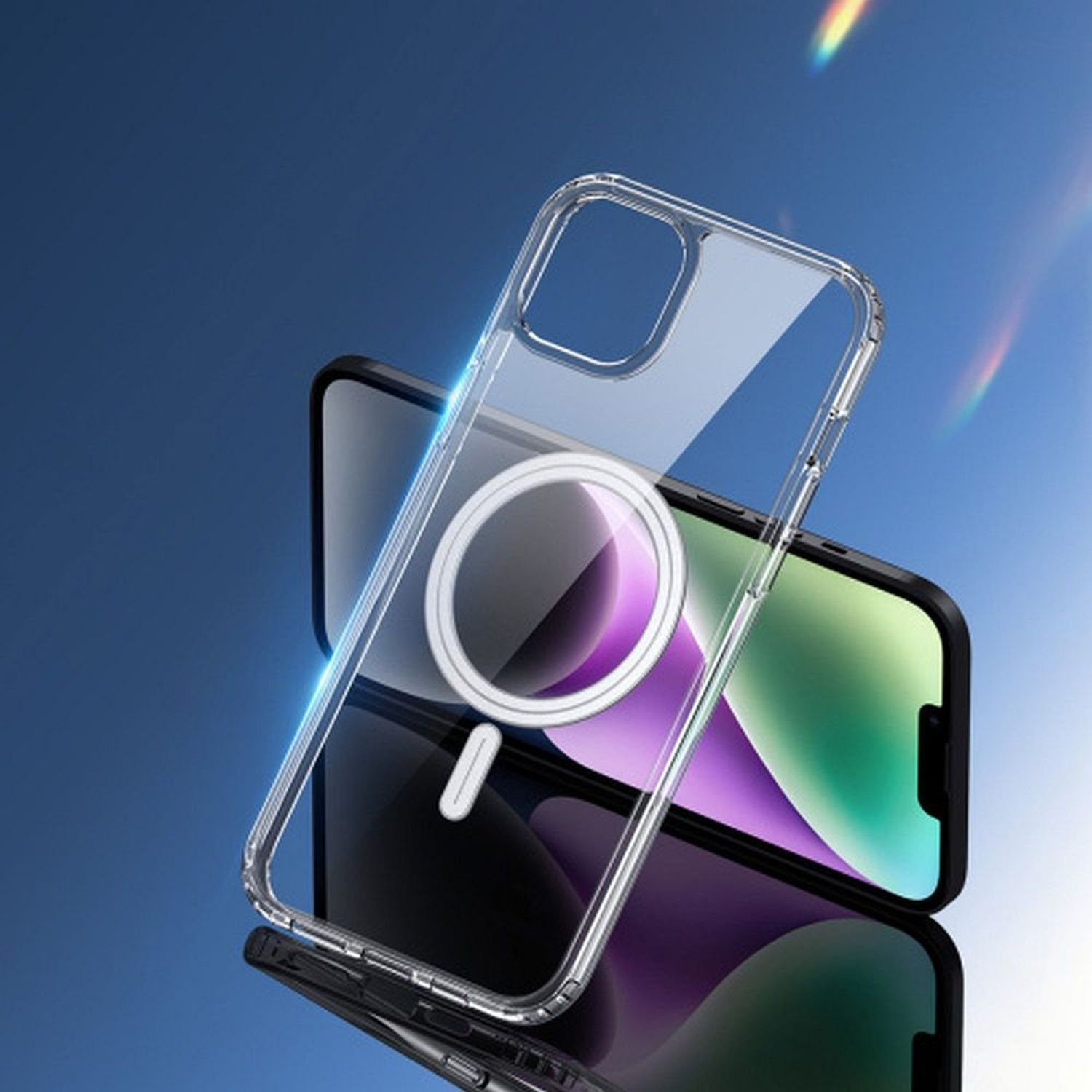 Transparente Handyhülle mit Magnetring auf schwarzem Telefon, reflektierende Oberfläche.