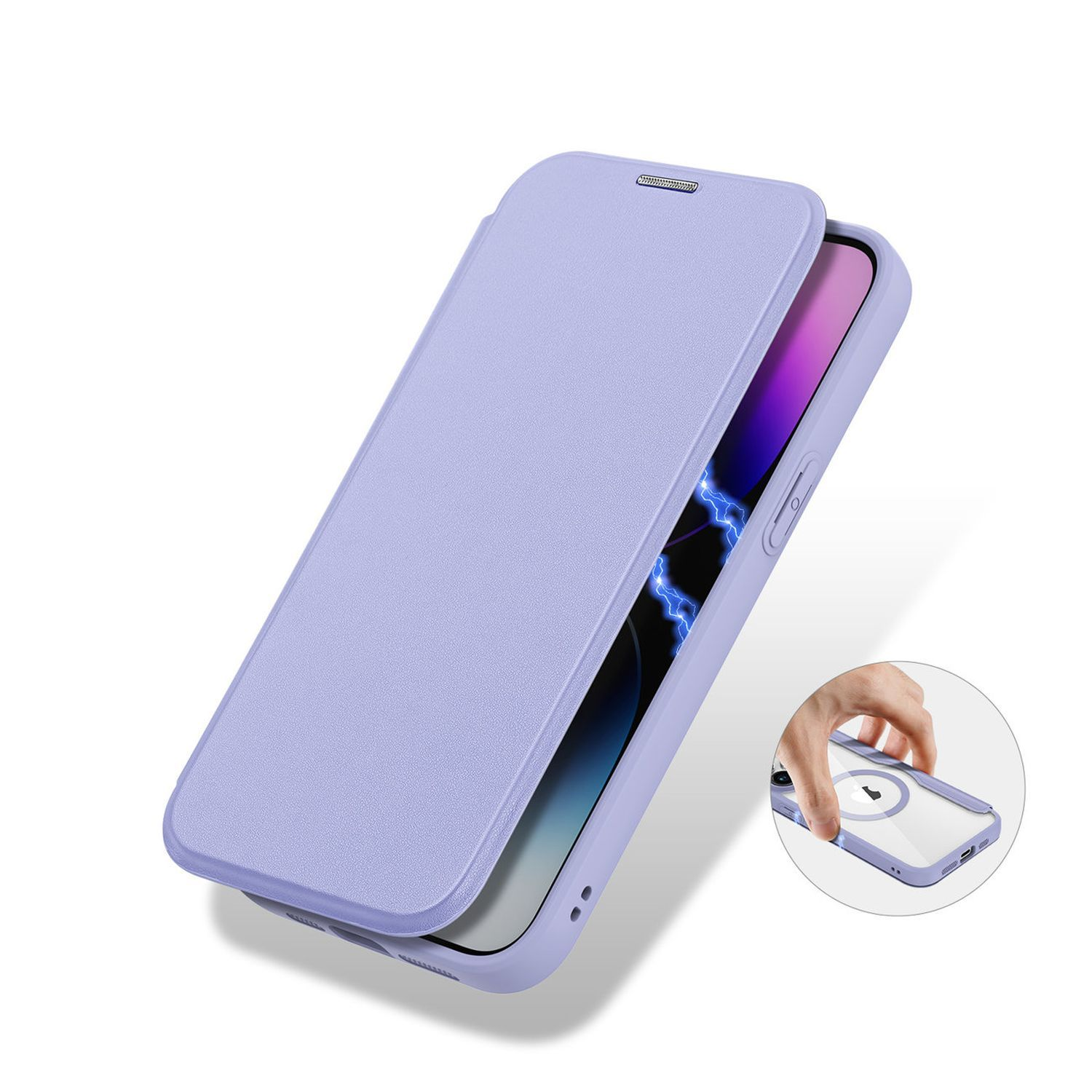 Ein Telefon in einem lila Gehäuse wird geöffnet. Im Hintergrund wird eine transparente Hülle gehalten.