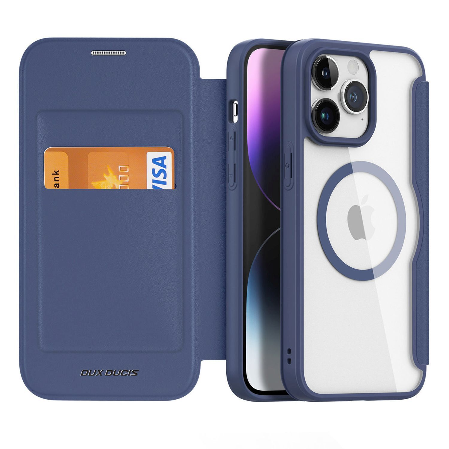 Handyhülle mit Telefon und Karte. Blaue Farbe und ein Kreisdesign.