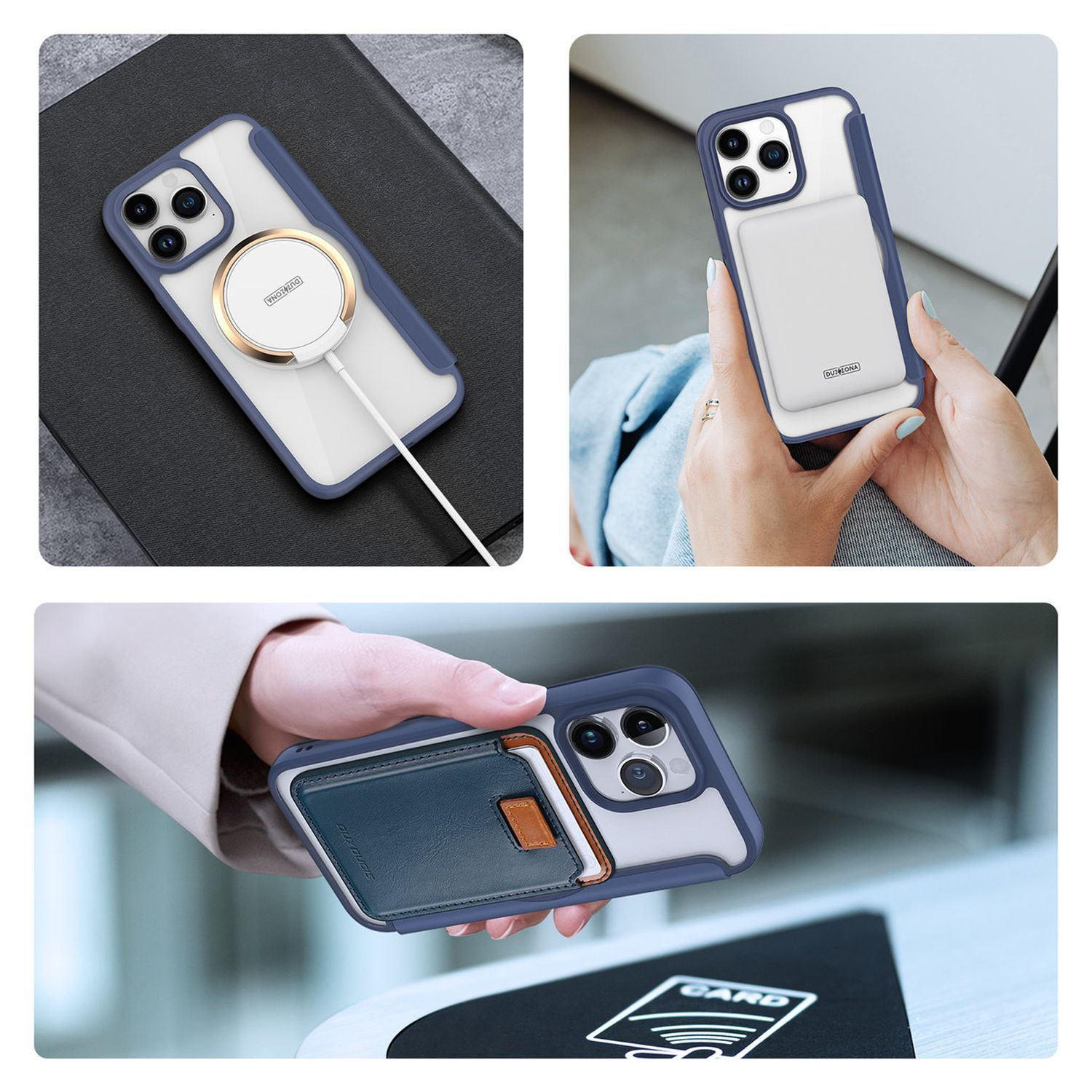 Fotos von Handyhüllen. Eine mit weißem MagSafe-Kreis und eine andere für Karten.