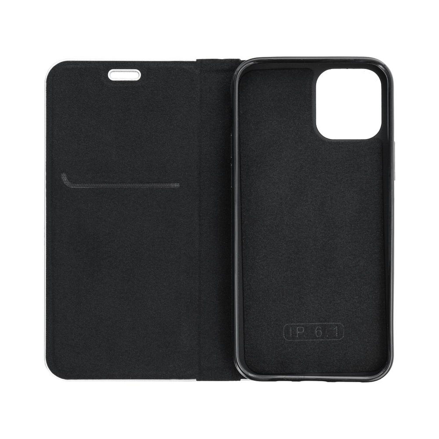 Eine offene schwarze Handyhülle, Innenansicht, mit einem Telefonausschnitt und dem Text 'IP 6.1'.